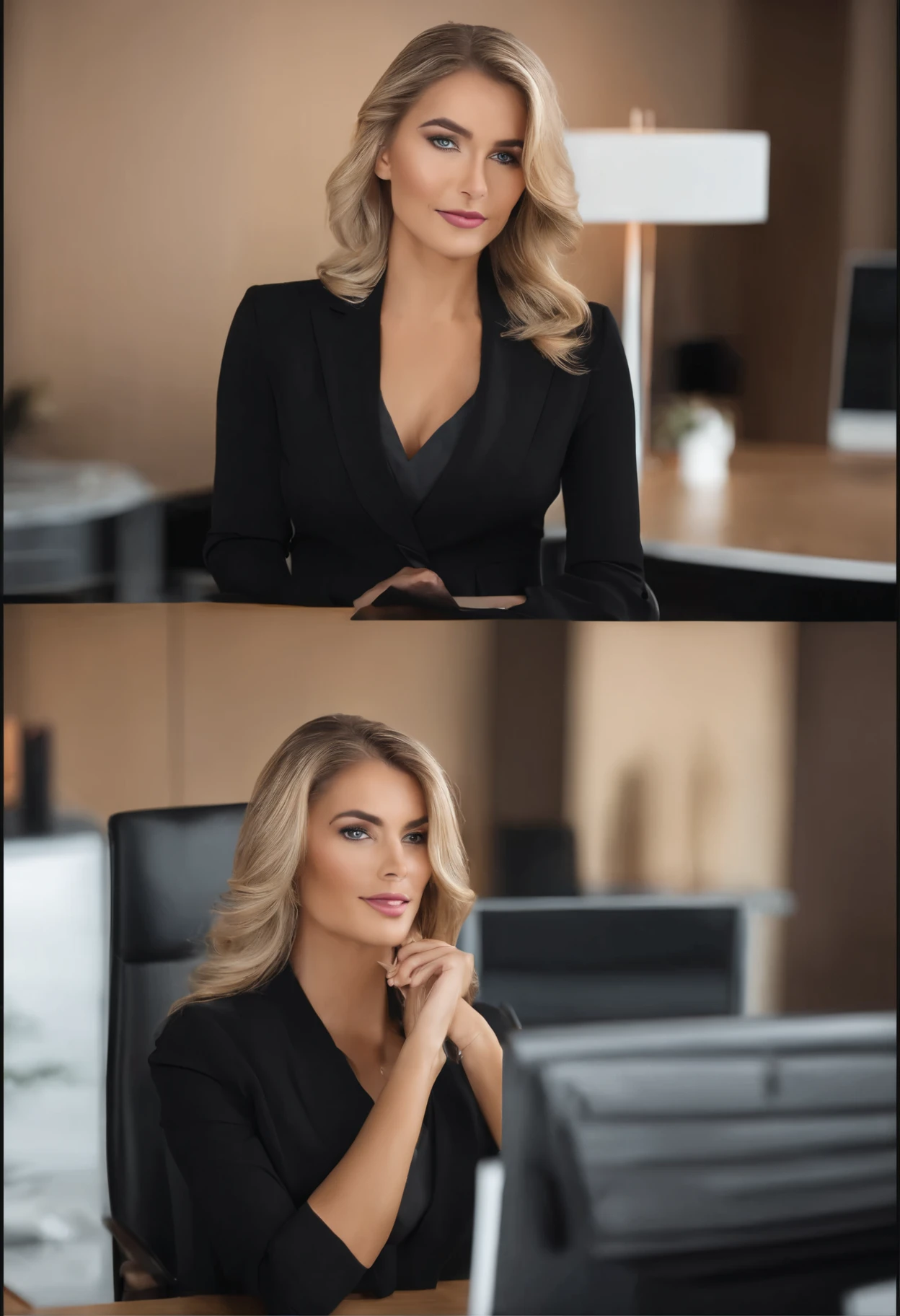 profissional, (Foto 4k:1.1), Alto detalhe, wearing black business dress, lindo rosto detalhado, hazel eyes, not too long blonde hair, formato corporal, office meeting room with table, janelas
