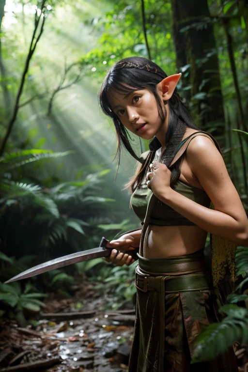 An elf girl holds a machete in a forest temple,
