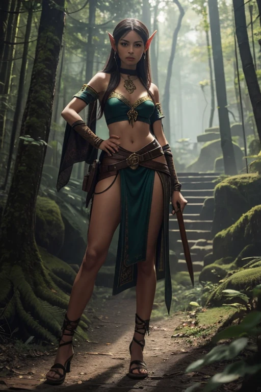 An elf girl holds a machete in a forest temple,
