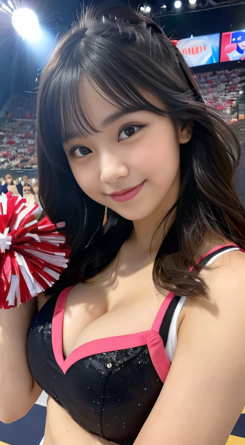 highest quality, masterpiece, ultra high resolution, (Photoreal:1.4), RAW photo, very detailed, 32K portrait, Upper body, looking at the viewer, (1 girl, , Japan'number one idol、most popular cheerleader, On the stage of the cultural festival, She only wears a colorful cheerleader uniform.), ((Very cute face like a famous Japanese idol, amazingly beautiful big black eyes, amazingly cute smile, black hair, very beautiful breasts, cleavage)), detailed face, fine eyes, thin hair, detailed chest, detailed cleavage, detailed body, Detailed colorful cheerleader uniform