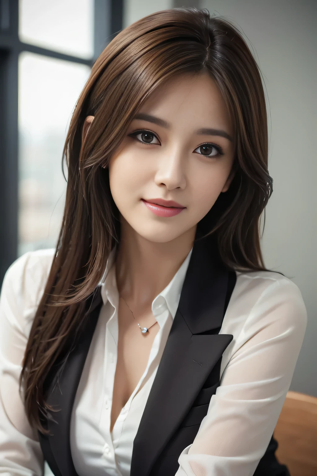 table top, highest quality, realistic, Super detailed, finely, High resolution, 8k wallpaper, 1 beautiful woman,, light brown messy hair, wearing a business suit, sharp focus, perfect dynamic composition, beautiful and detailed eyes, thin hair, Detailed realistic skin texture, smile, close-up portrait, model body shape