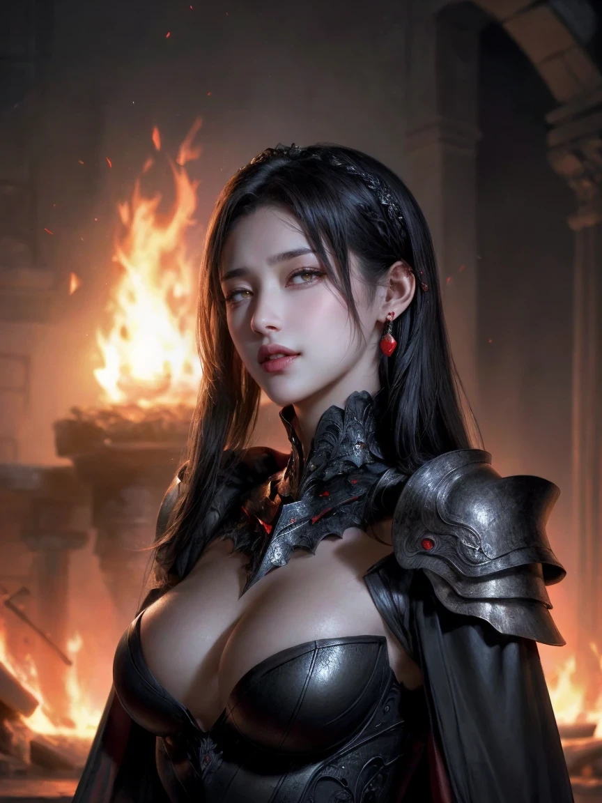beautiful detailed background, octane render, 8k, best quality, masterpiece, illustration, extremely delicate and beautiful, detailed,extremely detailed,CG,unity,wallpaper,Amazing, fine detail, realistic art: 1.2 ,masterpiece, best quality, official art, extremely detailed CG unity 8k wallpaper,1girl, (((long black straight hair,))), dark knight,red eyes,beautiful face, upper body,(black Armor and red robe,) looking at view, realistic photo,Evil laugh, (hiqcgbody) ,perfect female figure,earring,narrow waist, (looking at view), alluring,prestige,(fire,indoor,ruins)