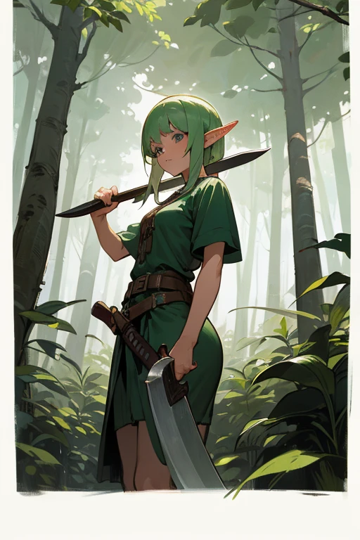 An elf girl holds a machete in a forest temple,
