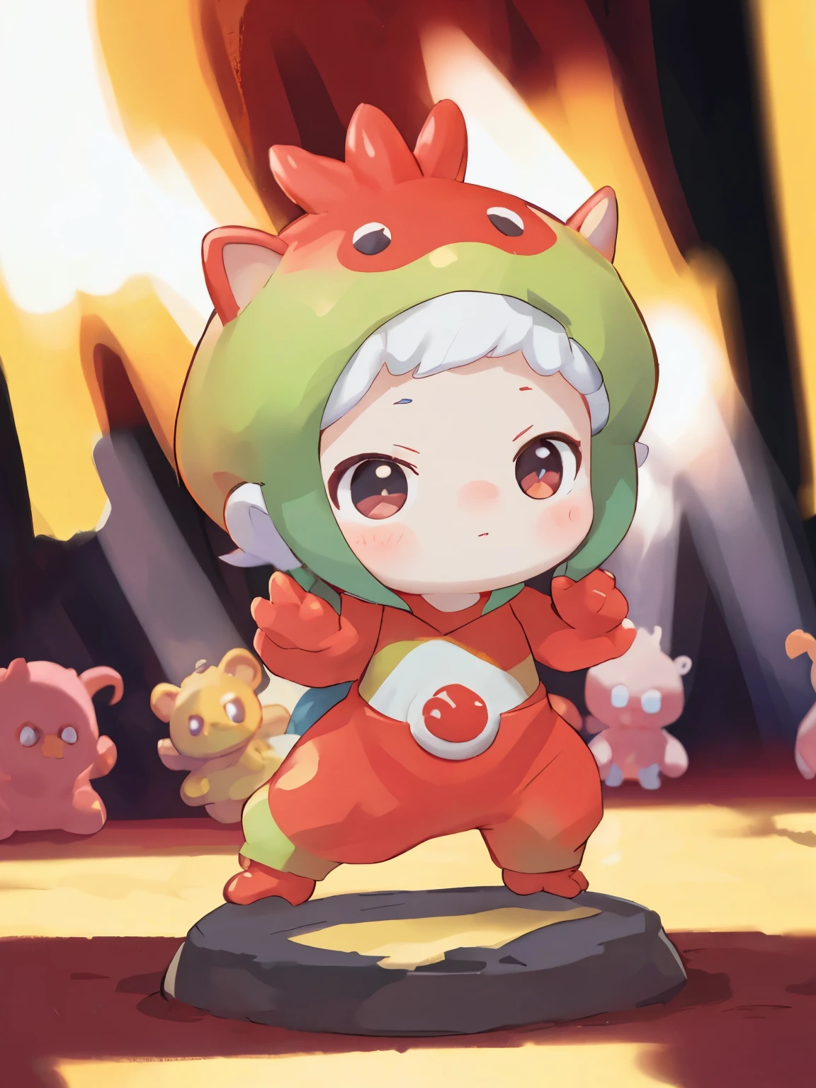 blindbox、Chibi girl acting on the stage of Hero Sentai、wearing a cute monster costume、beam pose