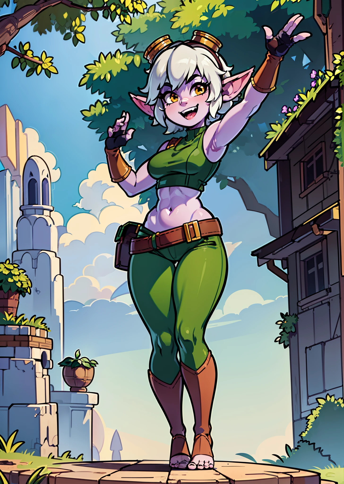 [tristana], [LOL], ((masterpiece)), ((HD)), ((high res)), ((beautiful render art)), ((solo portrait)), ((full body)), ((front view)), ((feet visible)), ((detailed shading)), {(attractive), (short), yordle, (purple skin), (elf ears), (short white hair), (cute brown eyes), (detailed iris), (short eyelashes), (curvy hips), (detailed abs), (thick thighs), (detailed legs), (beautiful legs), (beautiful feet), (cute smile), (excited expression)}, {(green sleeveless shirt), (navel), (tight green pants), (brown belt), (utility belt), (brown gauntlets), (fingerless gloves), (toeless socks), (goggles on head)}, {(standing), (waving at viewer), (looking at viewer)}, [background; (forest), (blue sky), (sun rays), (ambient lighting)]