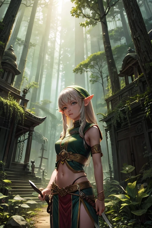 An elf girl holds a machete in a forest temple,
