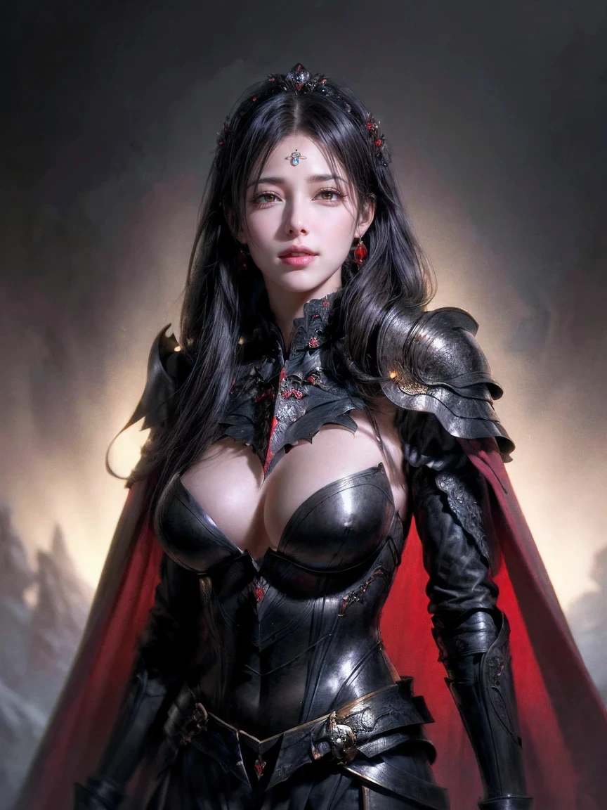 beautiful detailed background, octane render, 8k, best quality, masterpiece, illustration, extremely delicate and beautiful, detailed,extremely detailed,CG,unity,wallpaper,Amazing, fine detail, realistic art: 1.2 ,masterpiece, best quality, official art, extremely detailed CG unity 8k wallpaper,1girl, (((long black straight hair,))), dark knight,red eyes,beautiful face, upper body,(black Armor and red robe,) looking at view, realistic photo,Evil laugh, (hiqcgbody) ,perfect female figure,earring,narrow waist, (looking at view),