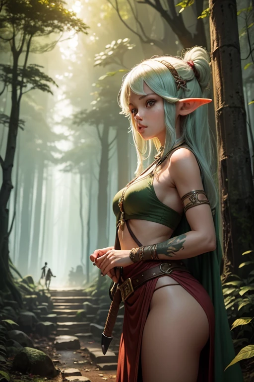 An elf girl holds a machete in a forest temple,
