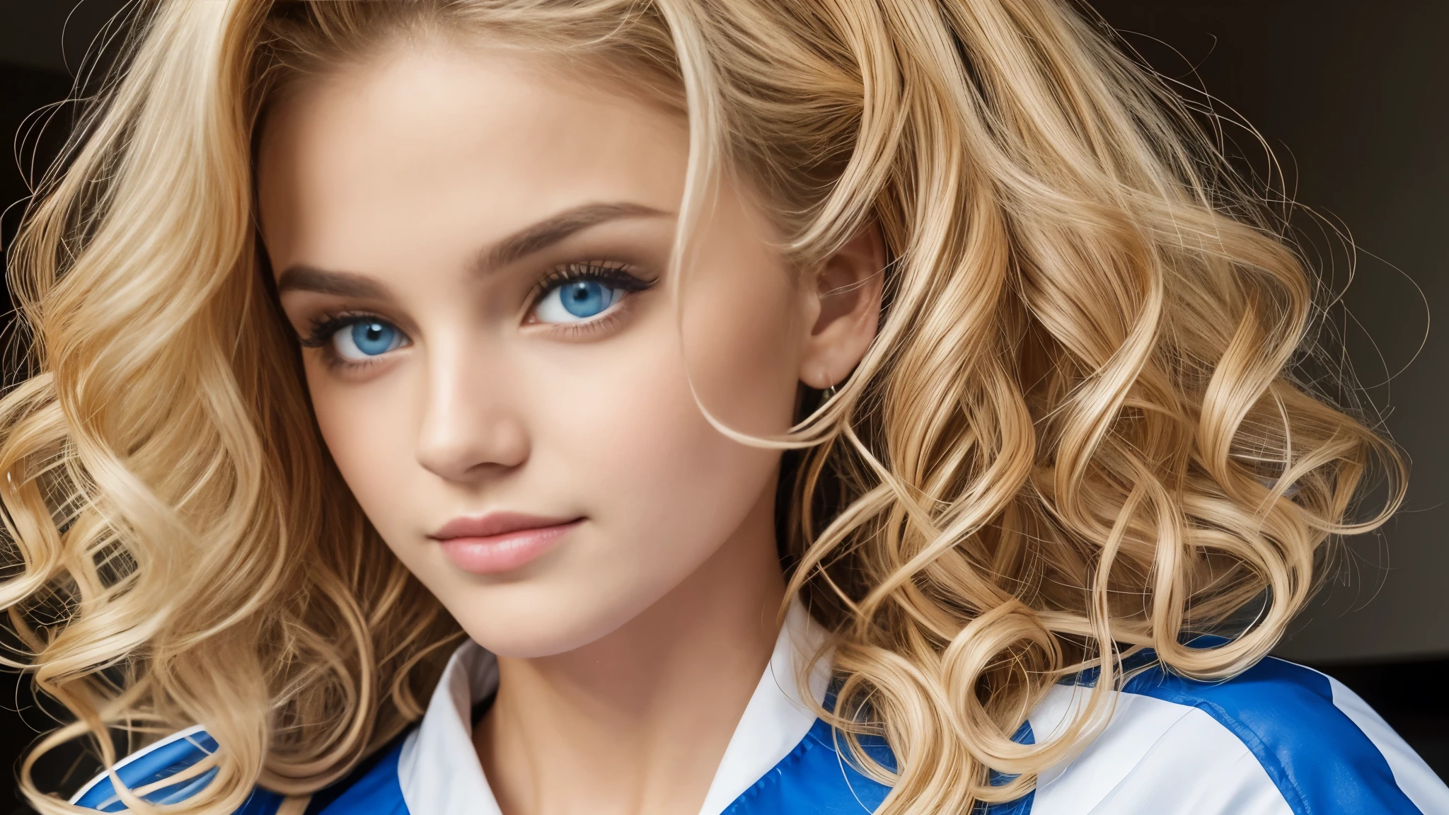((melhor qualidade)) beauty hungarian face, big blue eyes, perfect lips, smille, curly long hair blonde, look front to cam,  close-up face , penetrant look, best image