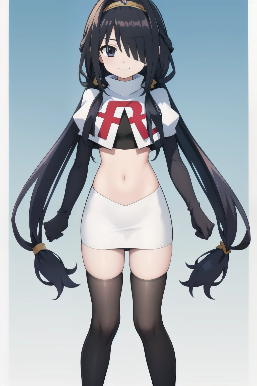 best quality,masterpiece,Super Resolution, 8K  ,  18 years old ,
kkkrumi2Z, ( kkkrumi2Z\(low-tied long hair\):1.3)  ,low twintails ,kkkrumi2Z\(hair over one eye\), kkkrumi\(Hair Accessories\) ,  Evil smile,  team rocket,team rocket uniform, red letter R, white skirt,white crop top,black thigh-highs,black elbow gloves