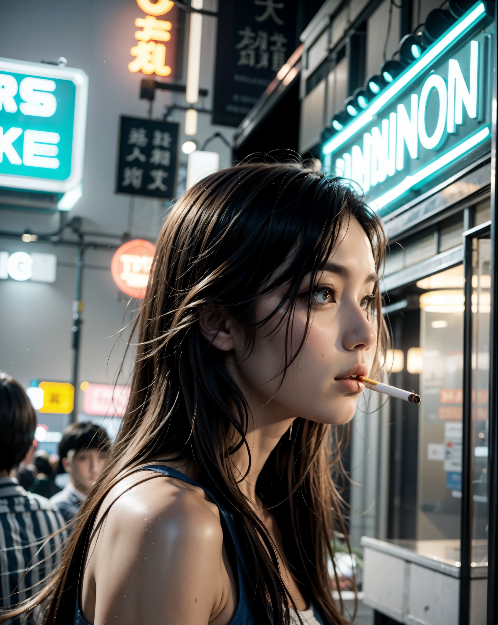 Woman smoking a cigarette, long hair, neon sign background in Hong Kong