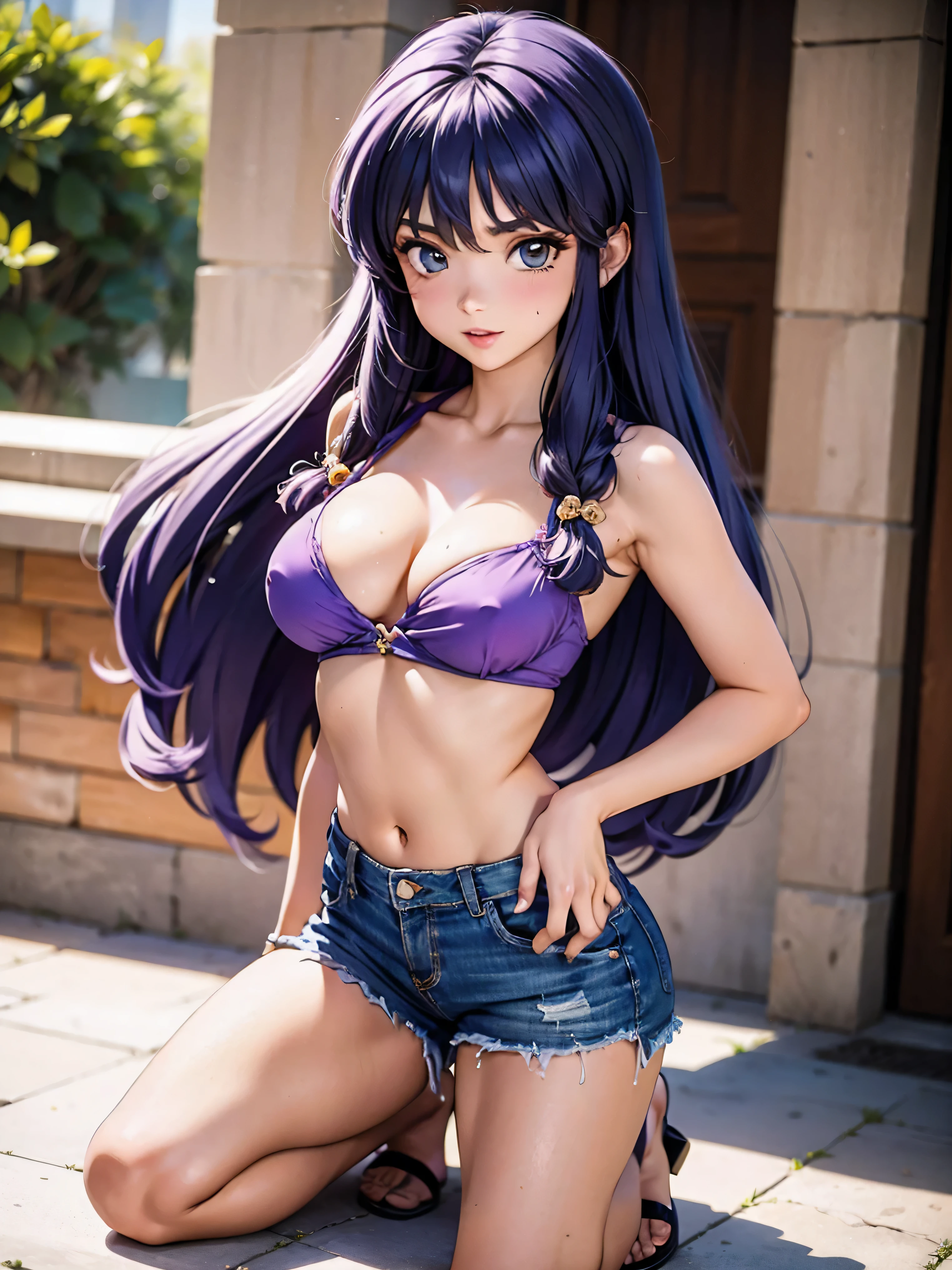 Anime cabelo purple com short jeans e blusa rosa brilhante, 16 anos, corpo bonito, seios grandes, com as hands on chest, hands on chest, Garota sexy, purple cabelo, mechas de cabelo laterais, mechas de cabelo na lateral do rosto, beautiful lighting, sombras suaves, olhos azuis, pernas bonitas, cabelo longo purple, estilo anime, personagem Shampoo Chan, Autora Rumiko Takahashi, Baseado em obra de Rumiko Takahashi, Anime Ranma 1/ 2, decote sexy, quadril robusto, corpo inteiro, corpo inteiro, busto grande, garota jovem com corpo belo e bonito, sandals on his feet, garota 16 anos jovem, usando short jeans e blusa rosa brilhante, garota anime, estilo anime, beautiful feet in sandals, 45° viewing angle, ao ar livre, peito grande, seios bonitos, cabelo purple, sandals on the feet, pernas bonitas, muito sexy