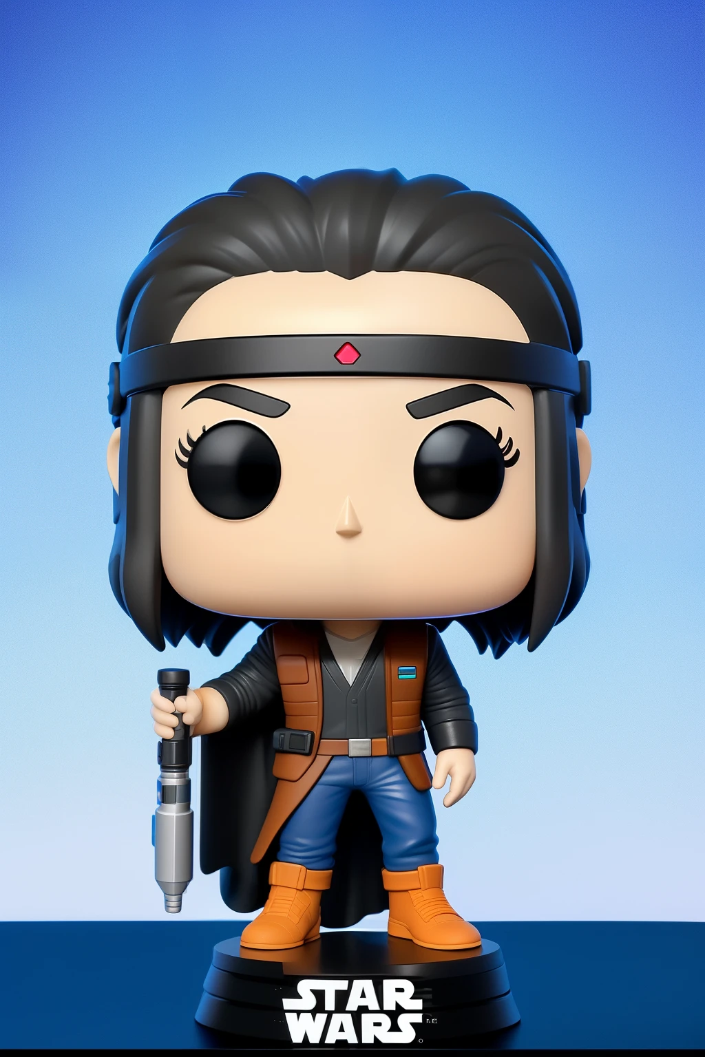 A 3D Funko Pop logo from Star Wars: The Force Awakens, crafted in digital art with an aspect ratio of 16:9, rendered in Ultra High Definition 8K (4.7 inches), and exhibiting an auto-realistic style--immersing the viewer in intricate details and lifelike textures as seen on the smooth S2 surface, evoking a sense of depth and dimension.