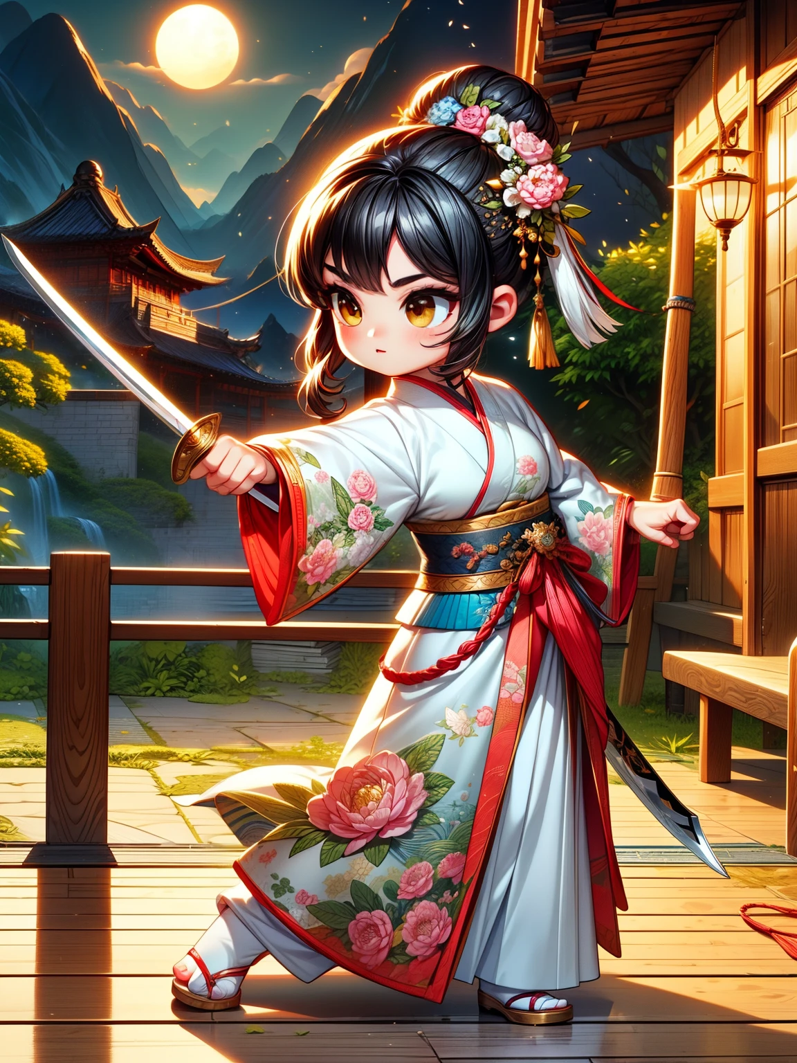 ((top quality)), ((​Masterpiece)), Detailed skin texture、Detailed fabric texture、Beautiful and delicate face、intricate details、Super detailed、CGSetsoty Trends、beautiful figure painting、Epic and beautiful character art、Stunning character art、slim、whole body、、silver hair、long ponytail、gentle expression、front view、Female swordsman under the moonlight at night、fighting stance、female swordsman holding sword、Kimono with white floral pattern、Black gold decorative hakama 3D, high dynamic range(high dynamic range),Ray tracing,subsurface scattering,PBR texture,Post-processing,Anisotropic filtering,Multi-layer textures,Albedo and highlight maps,perfect proportions,octane rendering,two-tone lighting,8K raw、clear legs、clear arms、Clear fingers，Vector martial arts illustration