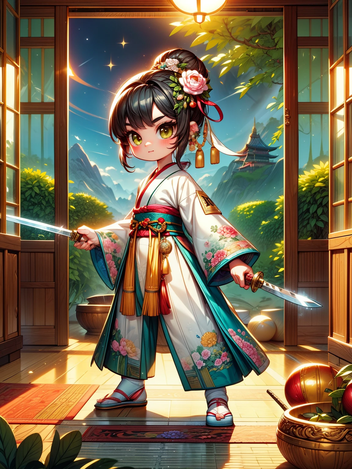 ((top quality)), ((Masterpiece)), Detailed skin texture、Detailed fabric texture、Beautiful and delicate face、intricate details、Super detailed、CGSetsoty Trends、beautiful figure painting、Epic and beautiful character art、Stunning character art、slim、whole body、、silver hair、long ponytail、gentle expression、front view、Female swordsman under the moonlight at night、fighting stance、female swordsman holding sword、Kimono with white floral pattern、Black gold decorative hakama 3D, high dynamic range(high dynamic range),Ray tracing,subsurface scattering,PBR texture,Post-processing,Anisotropic filtering,Multi-layer textures,Albedo and highlight maps,perfect proportions,octane rendering,two-tone lighting,8K raw、clear legs、clear arms、Clear fingers,Vector martial arts illustration