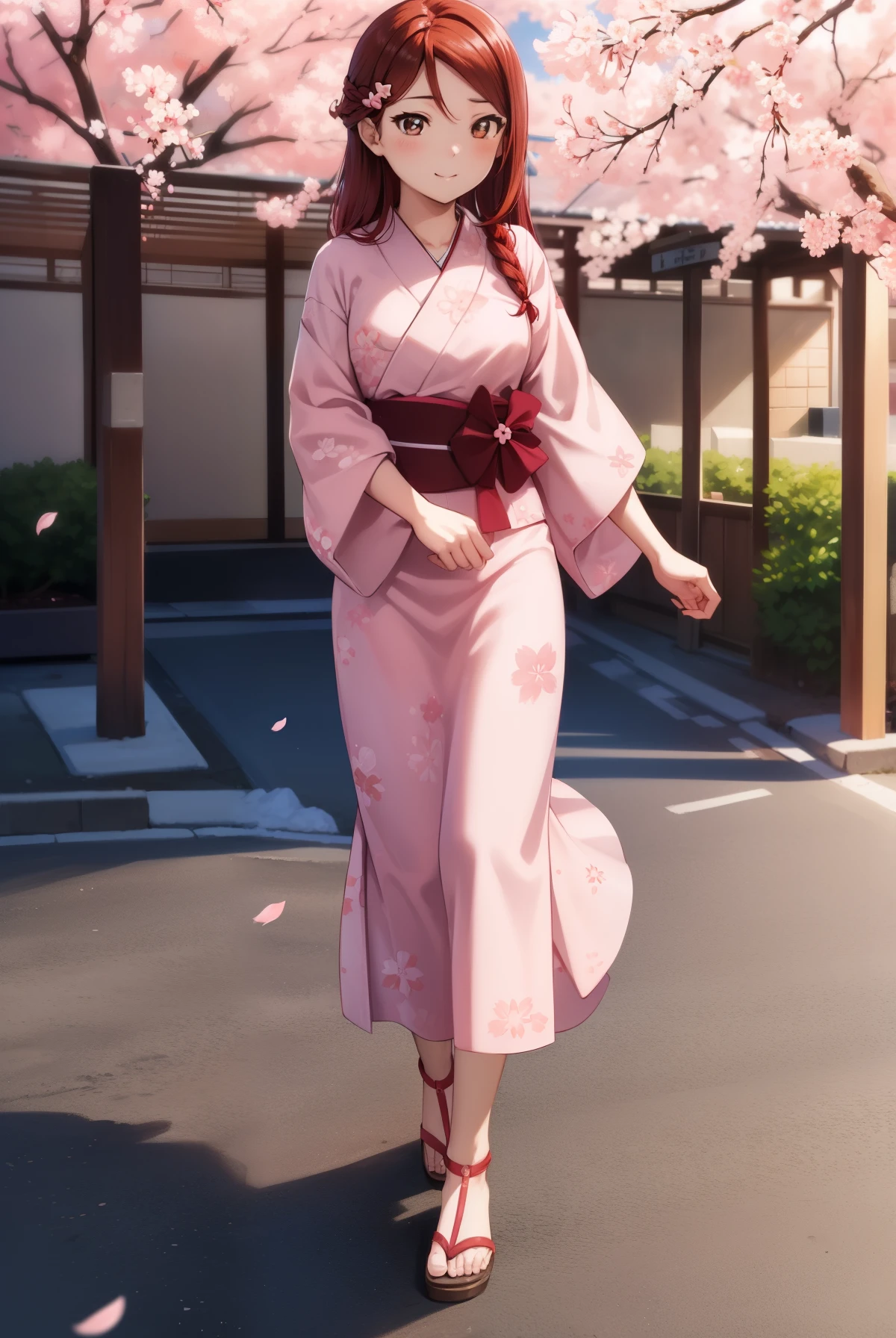 rikosakurauchi, riko sakurauchi, (brown eyes:1.5), hair between eyes, long hair, (redhead:1.5), (small breasts:1.2), smile,cherry blossom hair ornament,short braided hair,pink floral pattern yukata,Zori sandals,turning around,Cherry blossoms are scattered,pink scenery,
壊す looking at viewer, 
break outdoors, Destroying the cherry tree-lined road (masterpiece:1.2), highest quality, High resolution, unity 8k wallpaper, (figure:0.8), (detailed and beautiful eyes:1.6), highly detailed face, perfect lighting, Very detailed CG, (perfect hands, perfect anatomy),