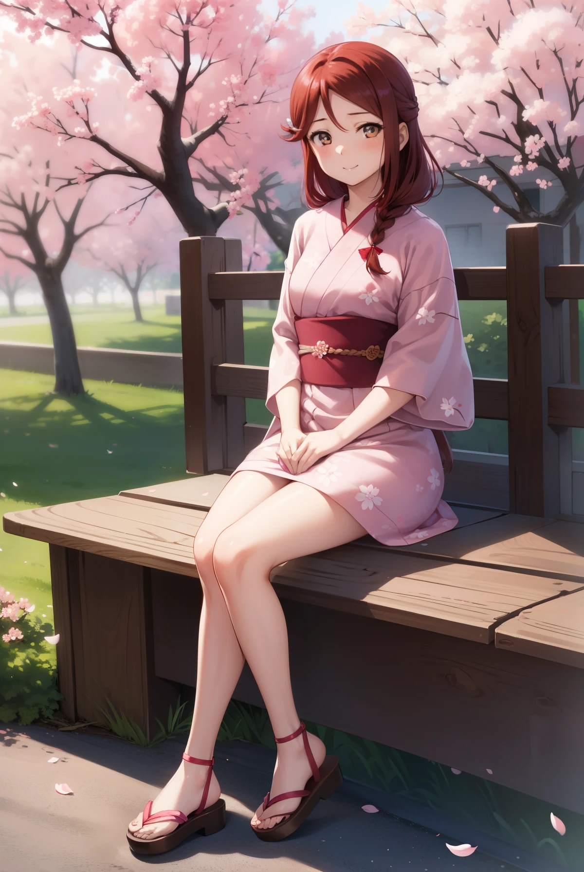 rikosakurauchi, riko sakurauchi, (brown eyes:1.5), hair between eyes, long hair, (redhead:1.5), (small breasts:1.2), smile,cherry blossom hair ornament,short braided hair,pink floral pattern yukata,Zori sandals,turning around,Cherry blossoms are scattered,pink scenery,
壊す looking at viewer, 
break outdoors, Destroying the cherry tree-lined road (masterpiece:1.2), highest quality, High resolution, unity 8k wallpaper, (figure:0.8), (detailed and beautiful eyes:1.6), highly detailed face, perfect lighting, Very detailed CG, (perfect hands, perfect anatomy),