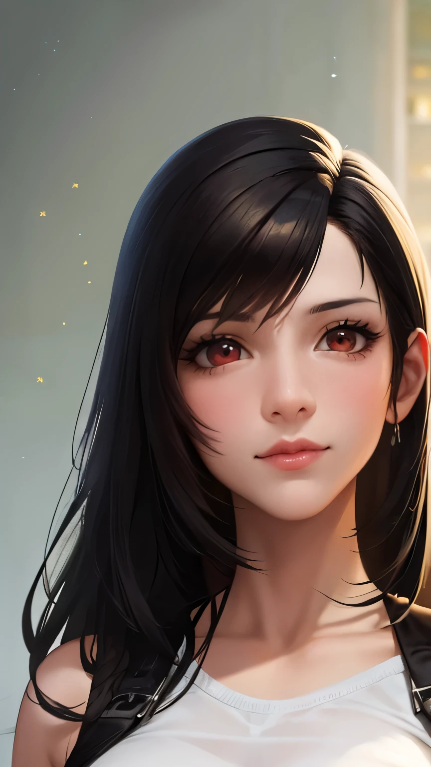 ((ultra quality)), ((Masterpiece)), Tifa Lockhart, Final Fantasy, ((black hair)), (Beautiful face), (beautiful female lips), (), charming, ((Innocent expression)), looking at the camera smiling softly, eyes closed a little, (Skin color white), (White skin), glare on the body, ((detailed beautiful female eyes)), ((Red eyes)), (juicy female lips), (), (beautiful female hands), ((Ideal female figure)), Ideal female body, beautiful waist, beautiful hips, Large breasts, ((subtle and beautiful)), stands temptingly () background: on a tall building, ((depth of field)), ((high quality clear image)), (clear details), ((High detail)), realistically, professional photo session, ((Clear Focus))