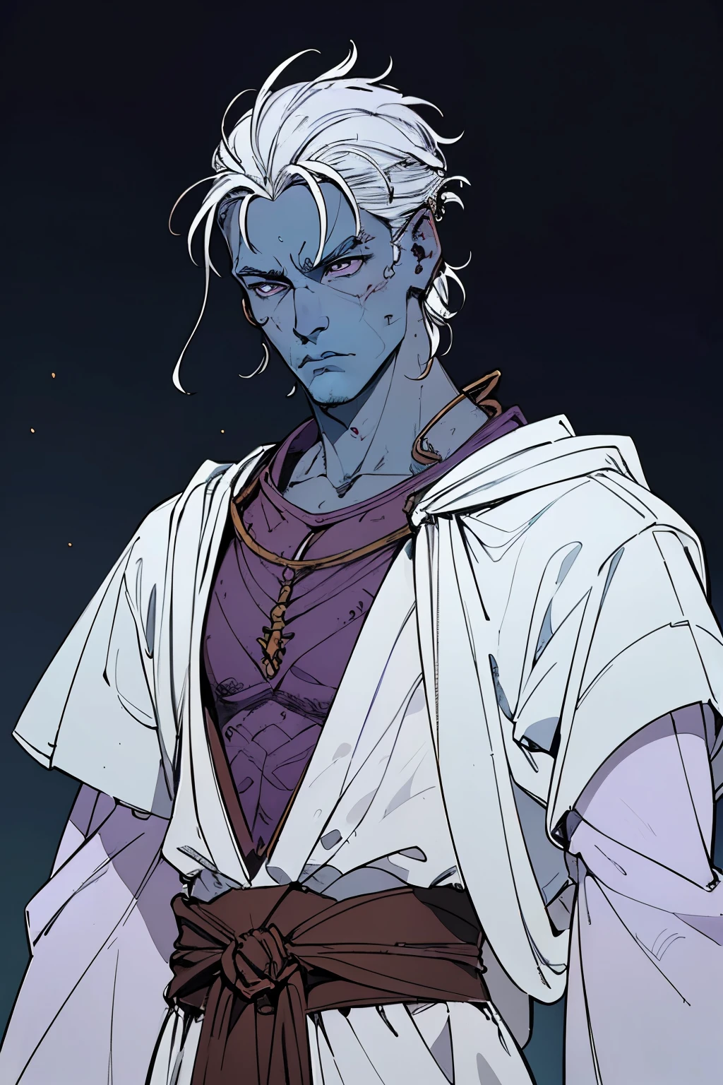masterpiece:1.2, best quality, ultra detailed, absurdres,, mature masculine, (blue_skin), messy white_hair, shoulder length, 1male,male_focused,, older, serious, confident, purple_robes over gear, archer, bowman gear, in the style of  Kentaro Miura, fantasy, SCI-FI, fire background,