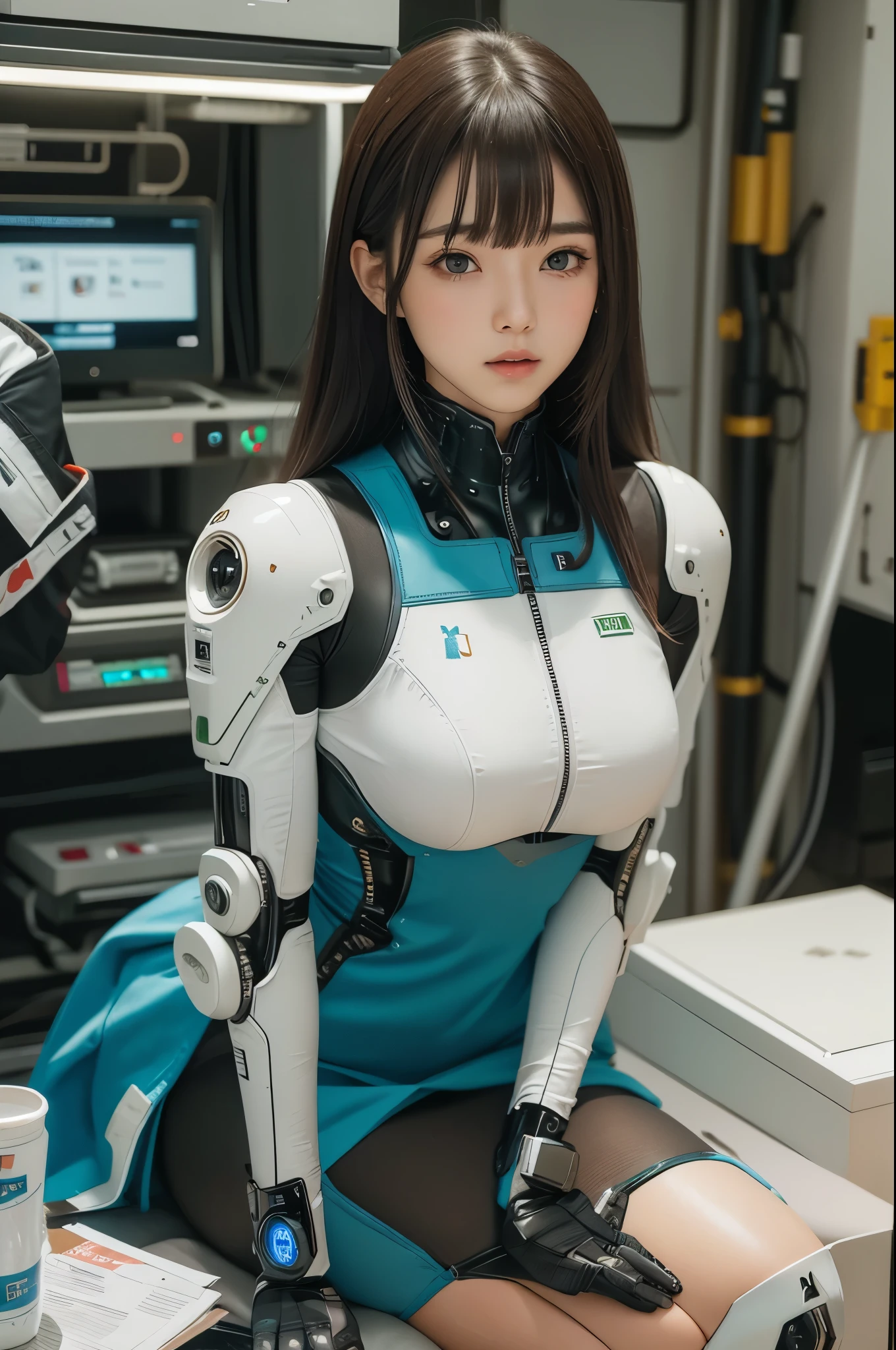 masterpiece, best quality, extremely detailed, Japanese android girl,Plump ,control panels,robot arms,robot,android,cyborg,white robot body,blunt bangs,robot repair plant,knee high socks,blue eyes,
