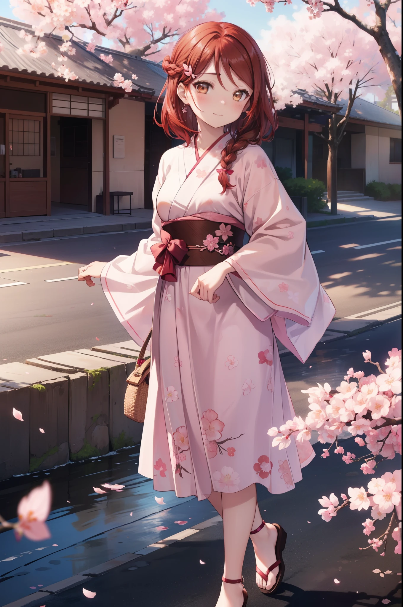 rikosakurauchi, riko sakurauchi, (brown eyes:1.5), hair between eyes, long hair, (redhead:1.5), (small breasts:1.2), smile,cherry blossom hair ornament,short braided hair,pink floral pattern yukata,Zori sandals,turning around,Cherry blossoms are scattered,pink scenery,
壊す looking at viewer, 
break outdoors, Destroying the cherry tree-lined road (masterpiece:1.2), highest quality, High resolution, unity 8k wallpaper, (figure:0.8), (detailed and beautiful eyes:1.6), highly detailed face, perfect lighting, Very detailed CG, (perfect hands, perfect anatomy),