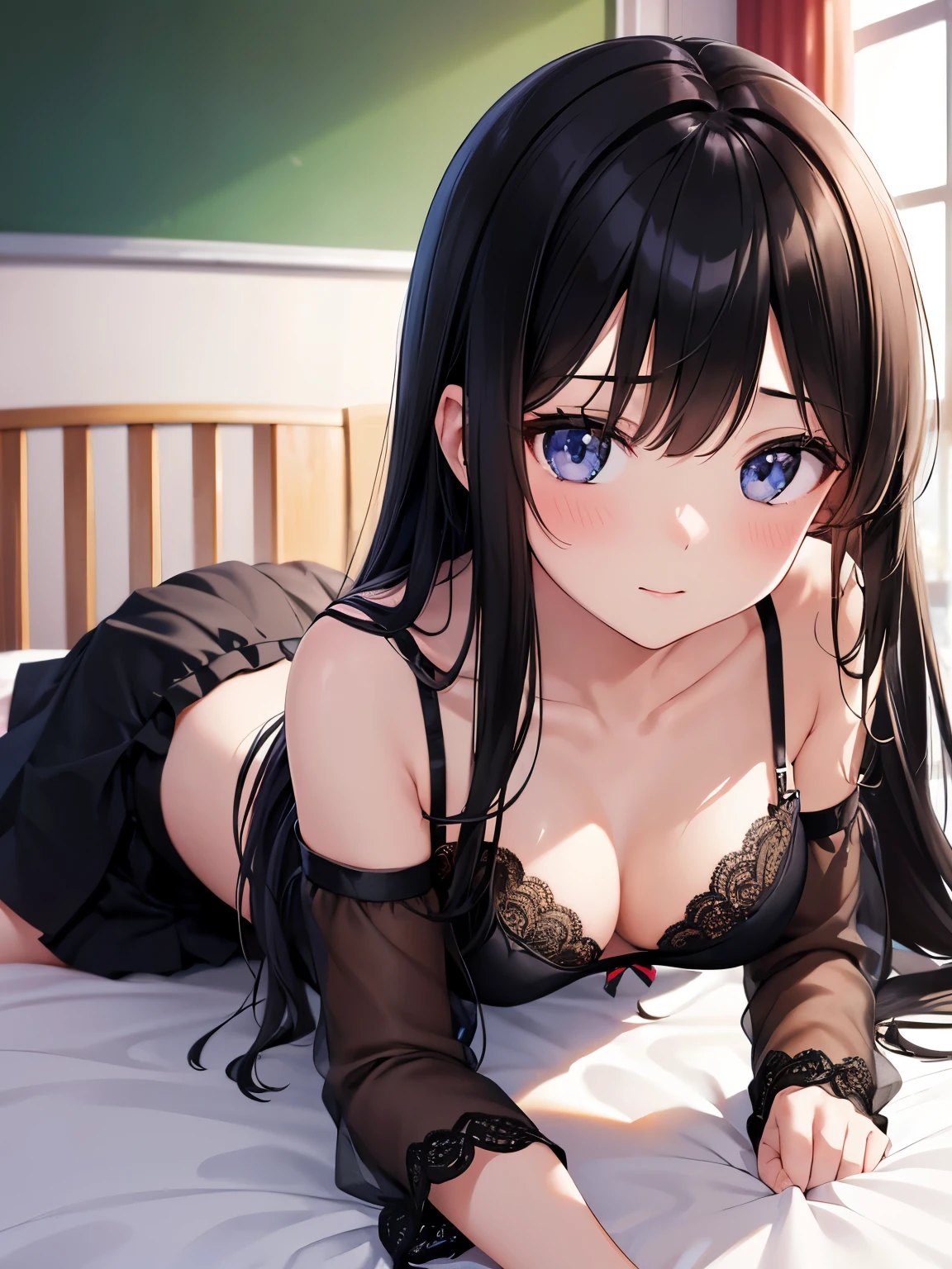 best quality, girl, highres,classroom、black lace bra、black skirt、straight hair、、girl&#39;s room、bed、face down、night