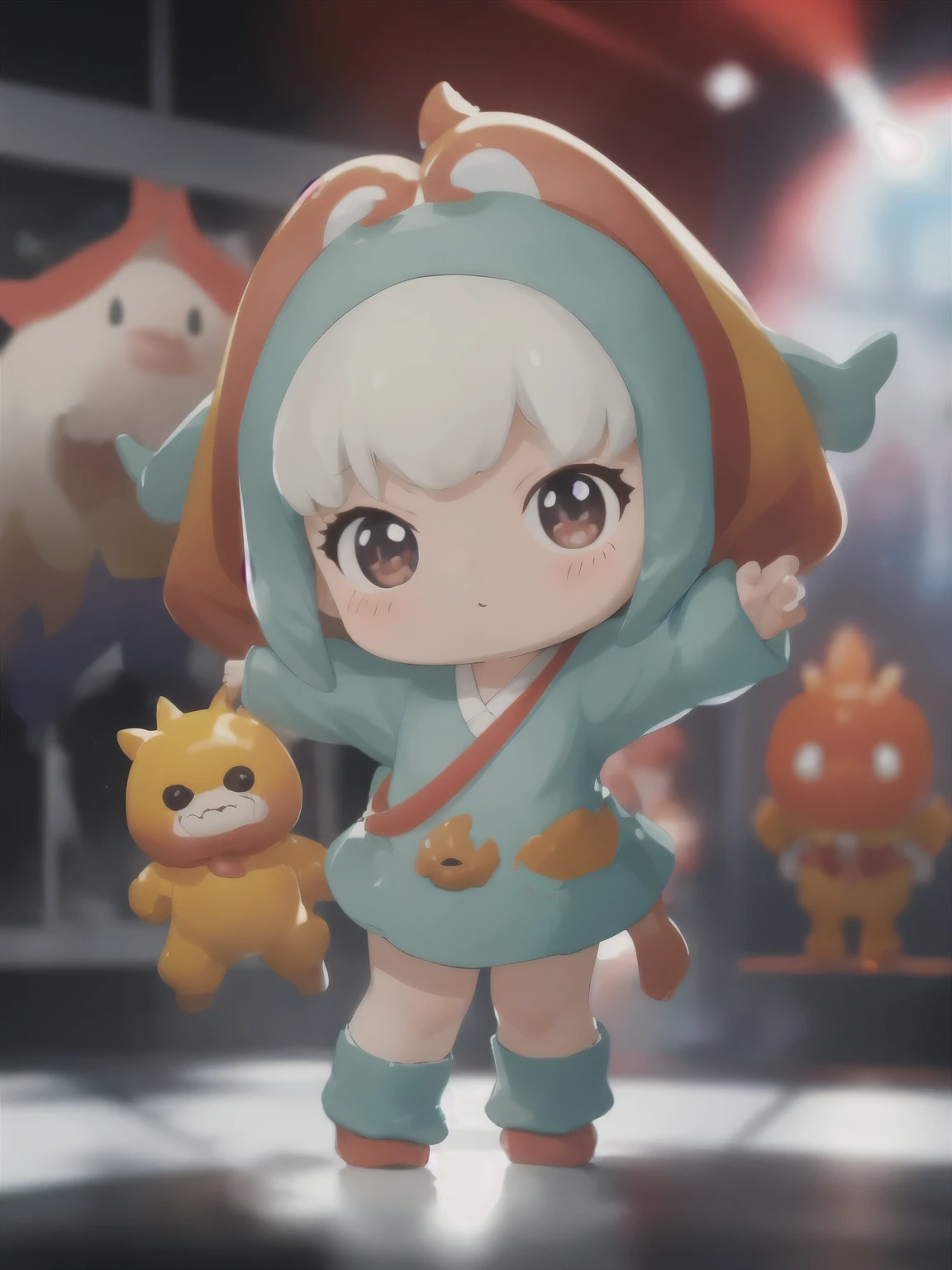 blindbox、Chibi girl acting on the stage of Hero Sentai、wearing a cute monster costume、beam pose