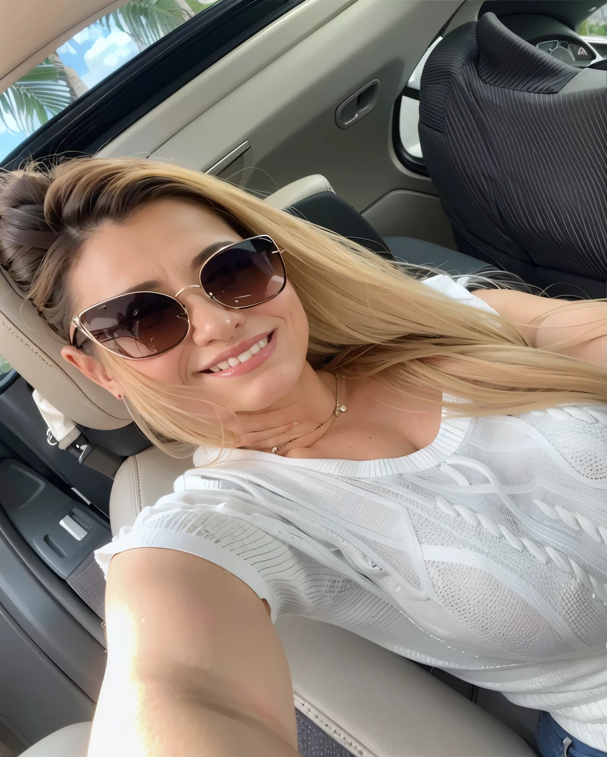mulher loira em um carro com uma mala de bagagem, lorena avarez, mulher de 30 anos, Mulher de 3 0 anos, imagem de perfil, with sunglasses, mulheres de 40 anos, cerca de 3 5 anos, Alanis Guillen, wearing versace sunglasses, fernanda suarez, vannessa ives, 3 8 anos, 38 anos