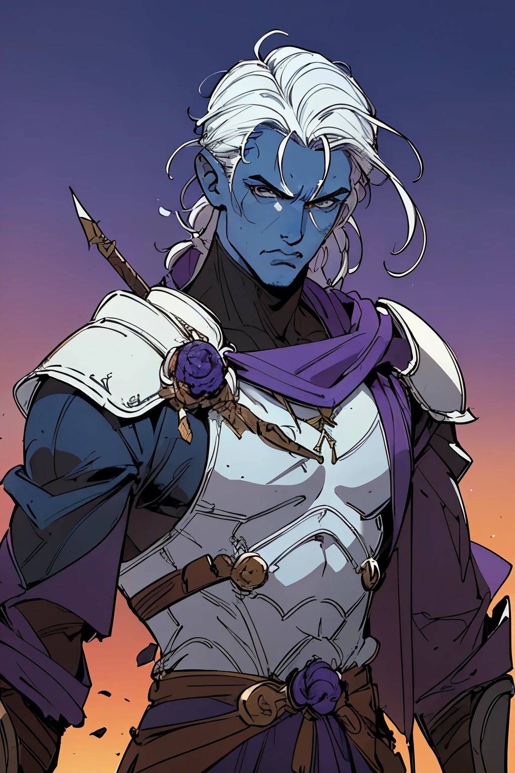 masterpiece:1.2, best quality, ultra detailed, absurdres,, mature masculine, (blue_skin), archer, messy white_hair, shoulder length, 1male,male_focused,, older, serious, confident, muscular under purple_robes over gear, bowman gear, in the style of Kentaro Miura, fantasy, SCI-FI, fire background,