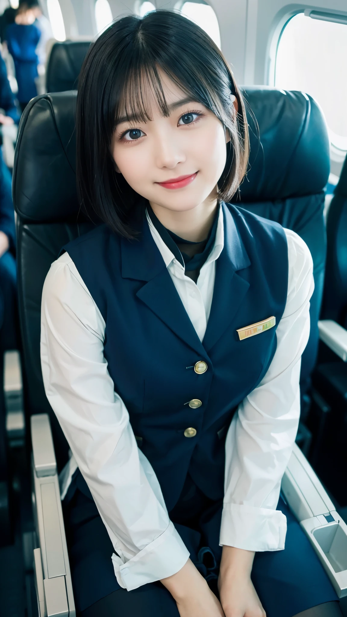 (highest quality,masterpiece:1.3,ultra high resolution),(Super detailed,caustics,8k),(photorealistic:1.4,RAW shooting),(high position:1.3),(high angle:1.3),(bird&#39;s eye view:1.2),(front shot:1.3),25 years old,Japanese,cute,stewardess uniform,black short hair,tights,(look up at the camera with a smile),(big ),inside the plane,squat in the aisle,(face focus:1.1),(face close up:1.1),bust up shot,Natural light