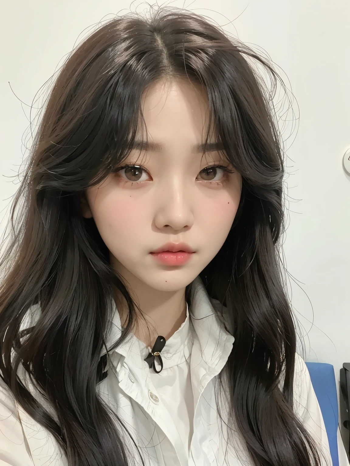 arafed asian woman with long black hair and a white shirt, ulzzang, jinyoung shin, jaeyeon nam, wan adorable korean face, with round face, popular south korean makeup, young adorable korean face, popular korean makeup, center parted bangs, jimin\'s plump lips, headshot profile picture, she has black hair with bangs, small round face