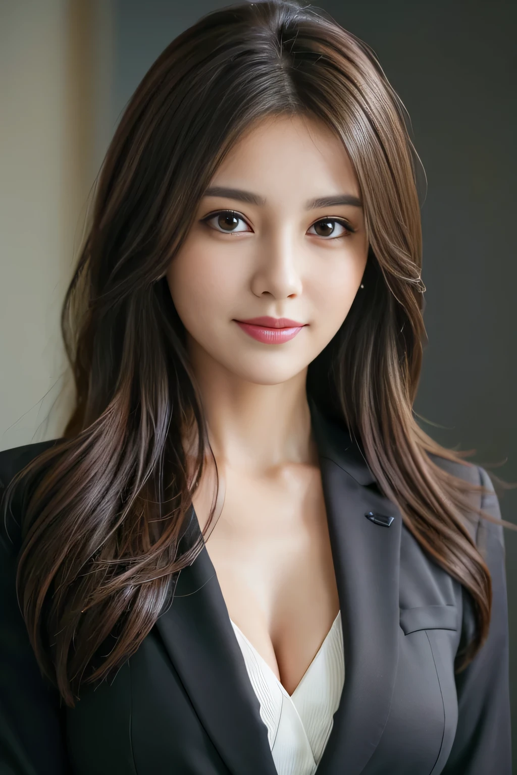 table top, highest quality, realistic, Super detailed, finely, High resolution, 8k wallpaper, 1 beautiful woman,, light brown messy hair, wearing a business suit, sharp focus, perfect dynamic composition, beautiful and detailed eyes, thin hair, Detailed realistic skin texture, smile, close-up portrait, model body shape
