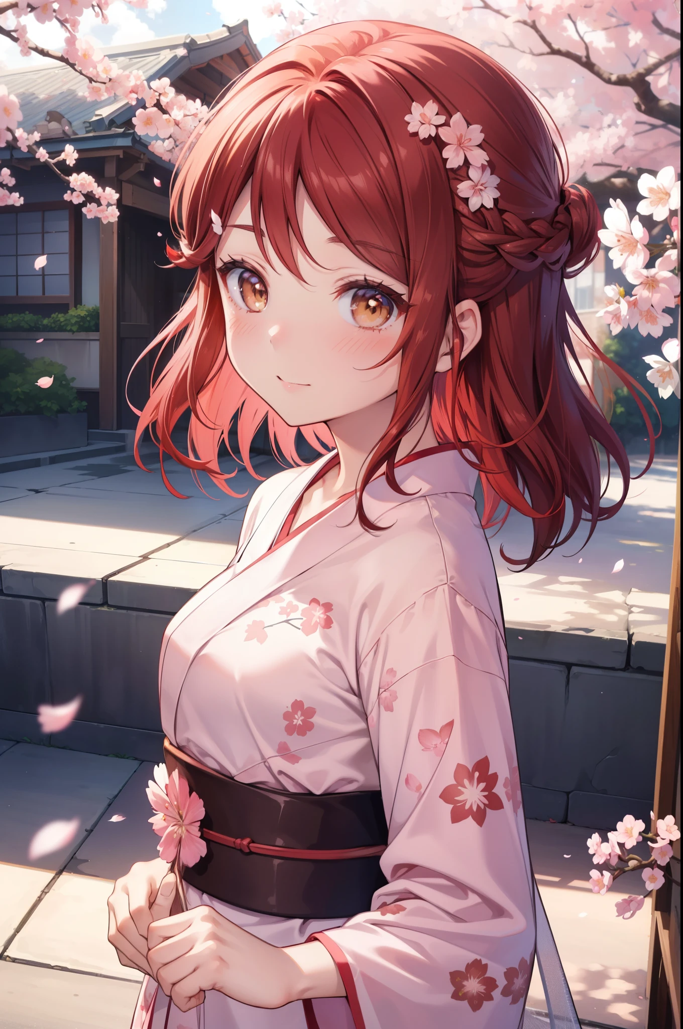 rikosakurauchi, riko sakurauchi, (brown eyes:1.5), hair between eyes, long hair, (redhead:1.5), (small breasts:1.2), smile,cherry blossom hair ornament,short braided hair,pink floral pattern yukata,Zori sandals,turning around,Cherry blossoms are scattered,pink scenery,
壊す looking at viewer, 
break outdoors, Destroying the cherry tree-lined road (masterpiece:1.2), highest quality, High resolution, unity 8k wallpaper, (figure:0.8), (detailed and beautiful eyes:1.6), highly detailed face, perfect lighting, Very detailed CG, (perfect hands, perfect anatomy),