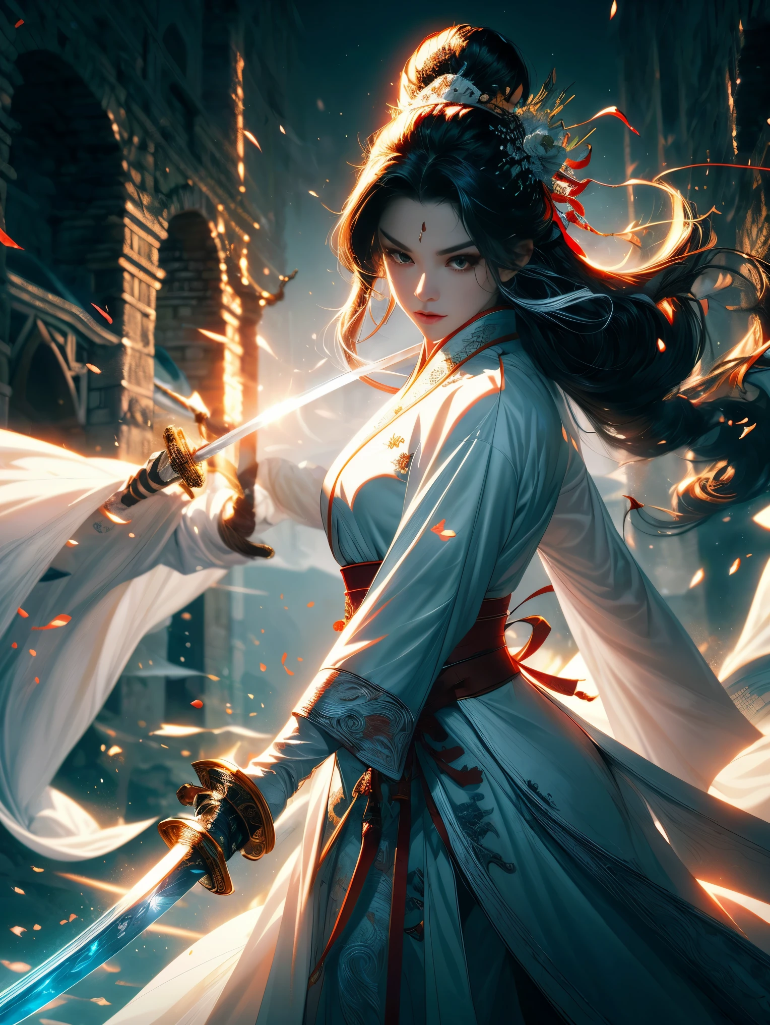 best picture quality， masterpiece， super高分辨率，poster，8k，fantasy art，dynamic lighting，art station，poster，Volumetric lighting，Very detailed faces，4k wallpaper，Award-winning，a girl holding a sword，blackhead rope，silver long hair，long flowing hair，katana sword，with a big sword，Demonic Warrior，White clothes，white tulle coat，Clothes fluttering，Slashing action，black belt，red sword energy，dynamic perspective，drama composition，（super：1.4），Ancient Chinese battlefield background，light，Vector martial arts illustration