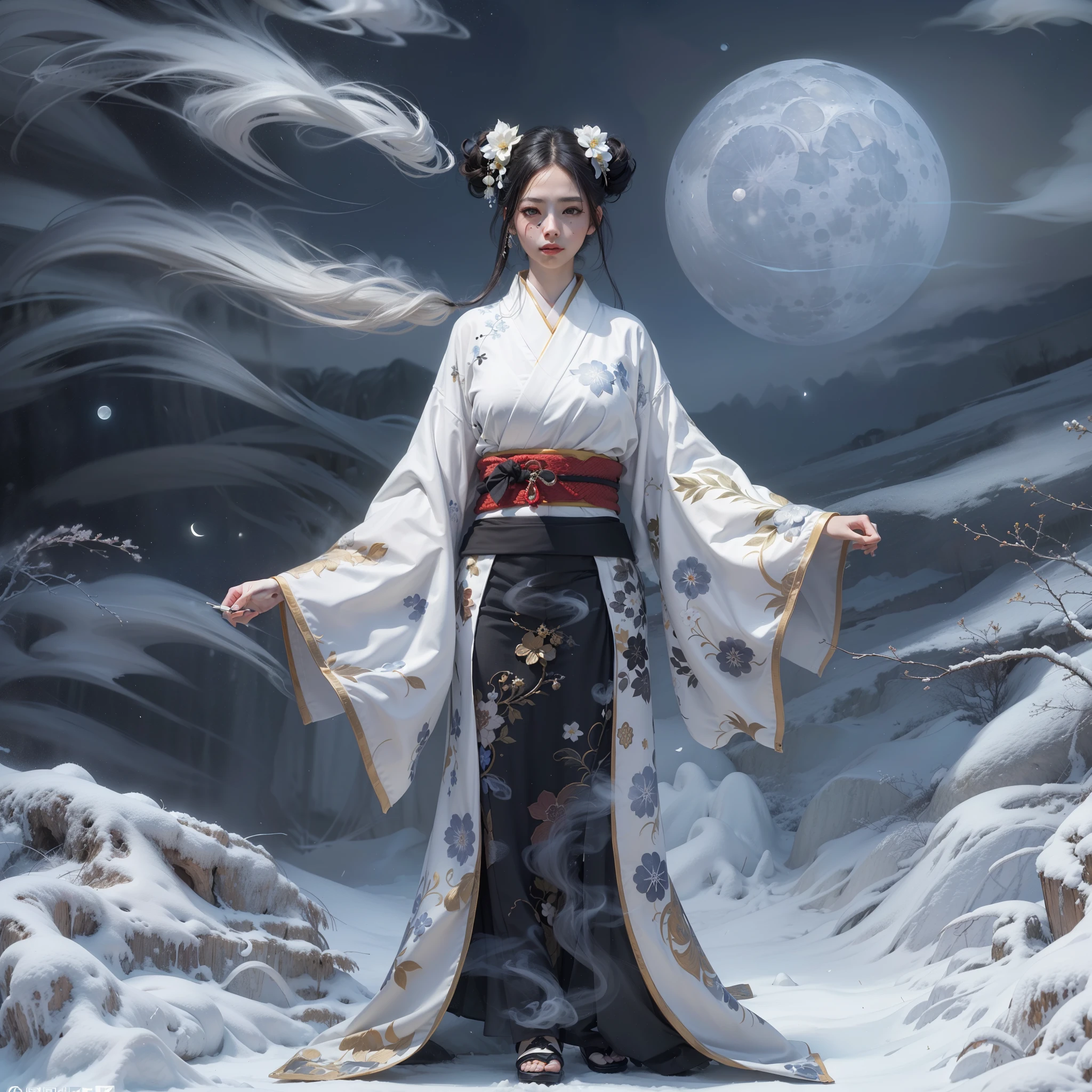 (Award-winning masterpiece, incredibly detailed, textured and maximally detailed), (full-body standing image:1.9), (surrealistic:1.4), (stunningly anatomically perfect and beautiful style:1.9), (translucent oddly white skin and top quality realistic textures:1.8), (Yuki-onna in Japanese folk tales:1.6), (half smile:1.7), (cat ears on head), (precise perfect circle symmetrical jet black eyes), (dense and breathtakingly beautiful face:1.6), (image of aesthetic and decadent atmosphere:1.7), (full body standingimage:1.9), (calm white old Japanese kimono covering the whole body, damaged in some places, with elegant and delicate patterns: 1.8), (fair but fair skin and face: 1.6), (beautiful, shiny hair blowing in the wind: 1.8), (Oiran's Hyogomage:0.6), (decadent, delicately crafted jewelry:1.8), (depraved beauty:1.6), (jet-black eyes that seem to radiate a strong inner light:1.7), (full-body standing image:1.9), (less skin:1.5), (strong moonlight shining overhead:1.7), ((dramatic photograph)), ((cinematic light)), (looking up), (looking down), (dramatic pose), (smoke effects and mesmerizing light:1.4), (bamboo thicket in back:0.3), Amida Hall in back, vermilion torii gate, wind effects, swirling snow, winter storm, wind and rain, (drifting fog:1.3), ice field in snowstorm, quiet snowfield on moonlit night(Full Length Image:1.9), (Dark Night, Full Moon Night, Crescent Moon Night), Spectacular Realistic, Faded, ((neutral tones)), Art, (HDR:1.5), (Subdued Color:1.2), Highly Detailed, (Art Station:1.5), Cinematic, Warm Light, Light Effect, Dramatic Light(Complex Detail:1.1), Complex Background, (Greg Rutkowski:0.8), (Teal and Orange:0.4)