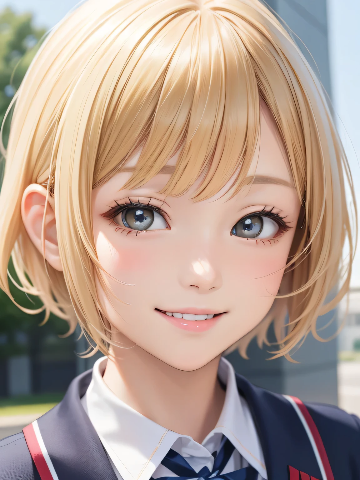 close up of face、smile、blonde、short hair、girl1、uniform、School