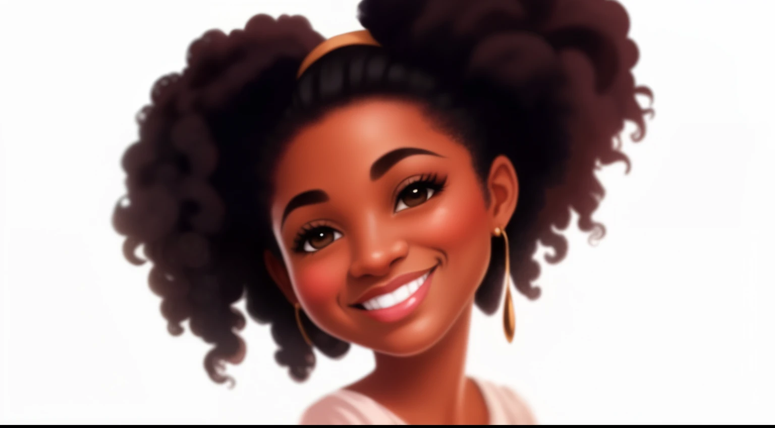 um close de FRENTE um personagem de desenho animado com um grande cabelo afro, garota afro-americana, jovem taliyah, jovem africana de pele clara, arte em artstation, retrato fofo, super cute funky garota negra, personagem fofo, garota negra, caricatura, pintura realista de linda garota, retrato de alta qualidade, official illustration, um retrato do personagem, imagem de avatar, Moreno