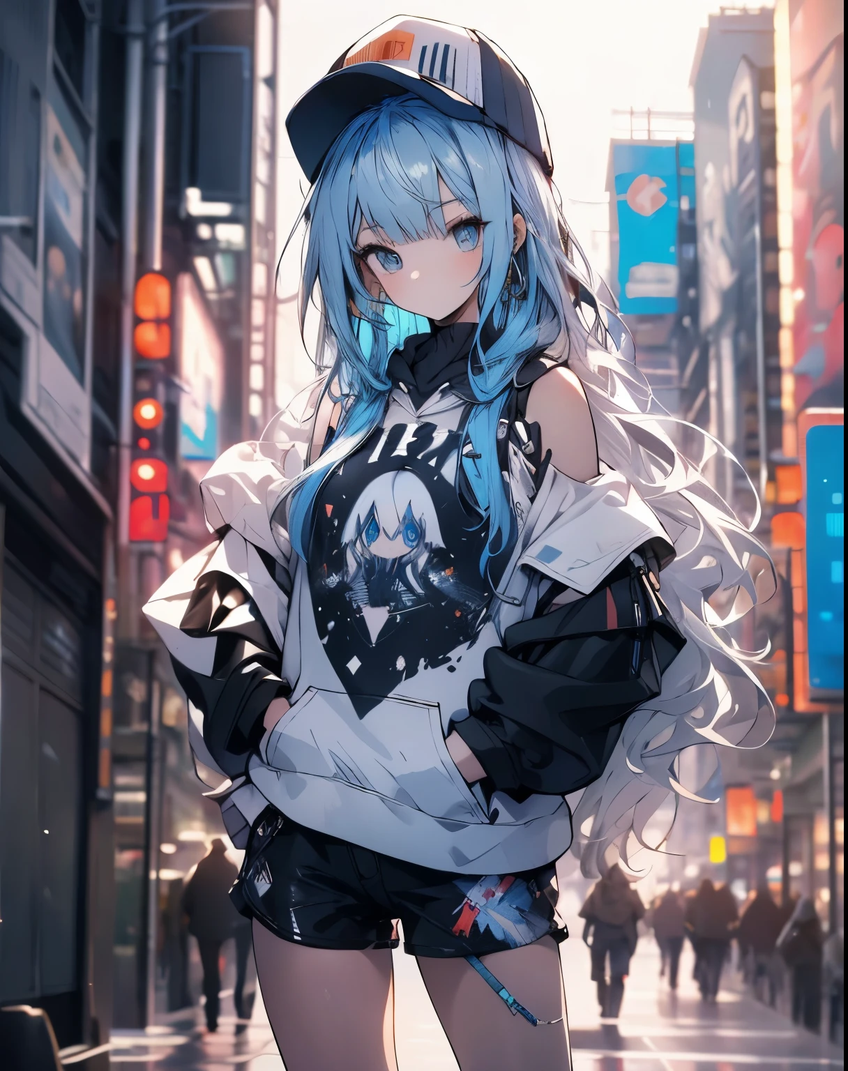 masterpiece,1 girl,alone,long hair,blue hair,Hoodies,Off the shoulders:1.2, thug hat, street,hands on hips, hands in pockets,
