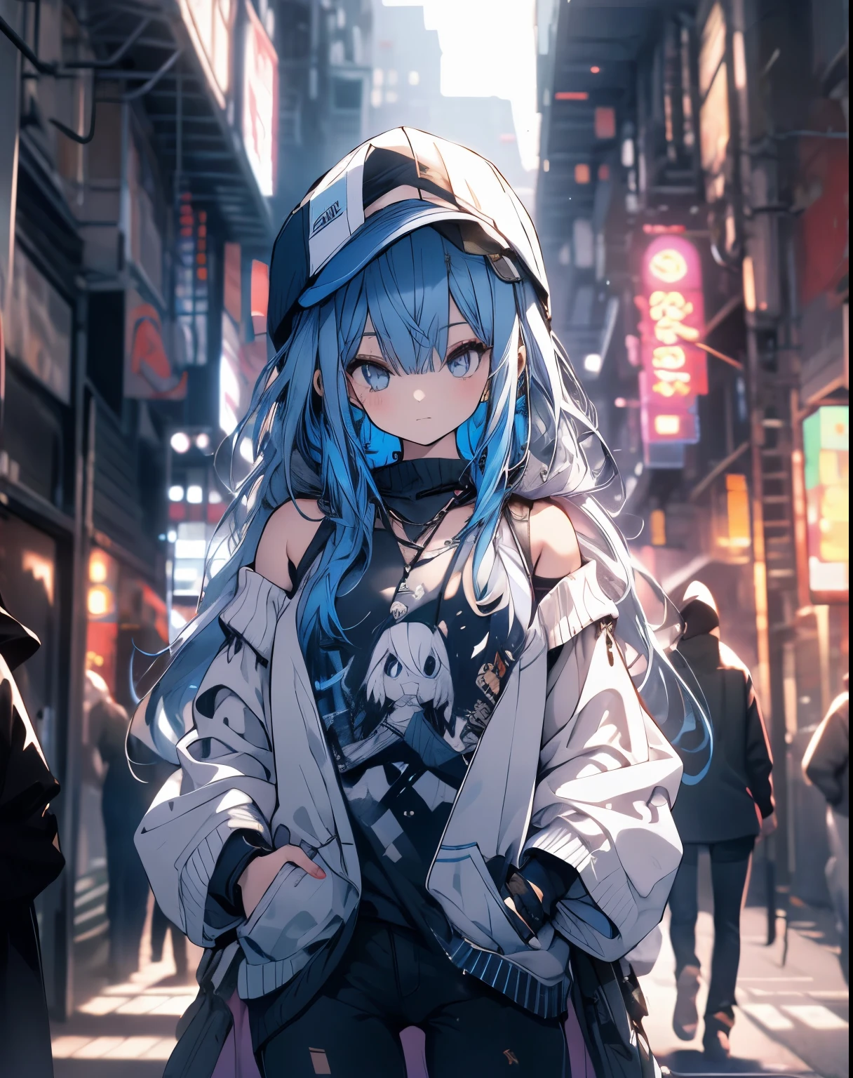 masterpiece,1 girl,alone,long hair,blue hair,Hoodies,Off the shoulders:1.2, thug hat, street,hands on hips, hands in pockets,