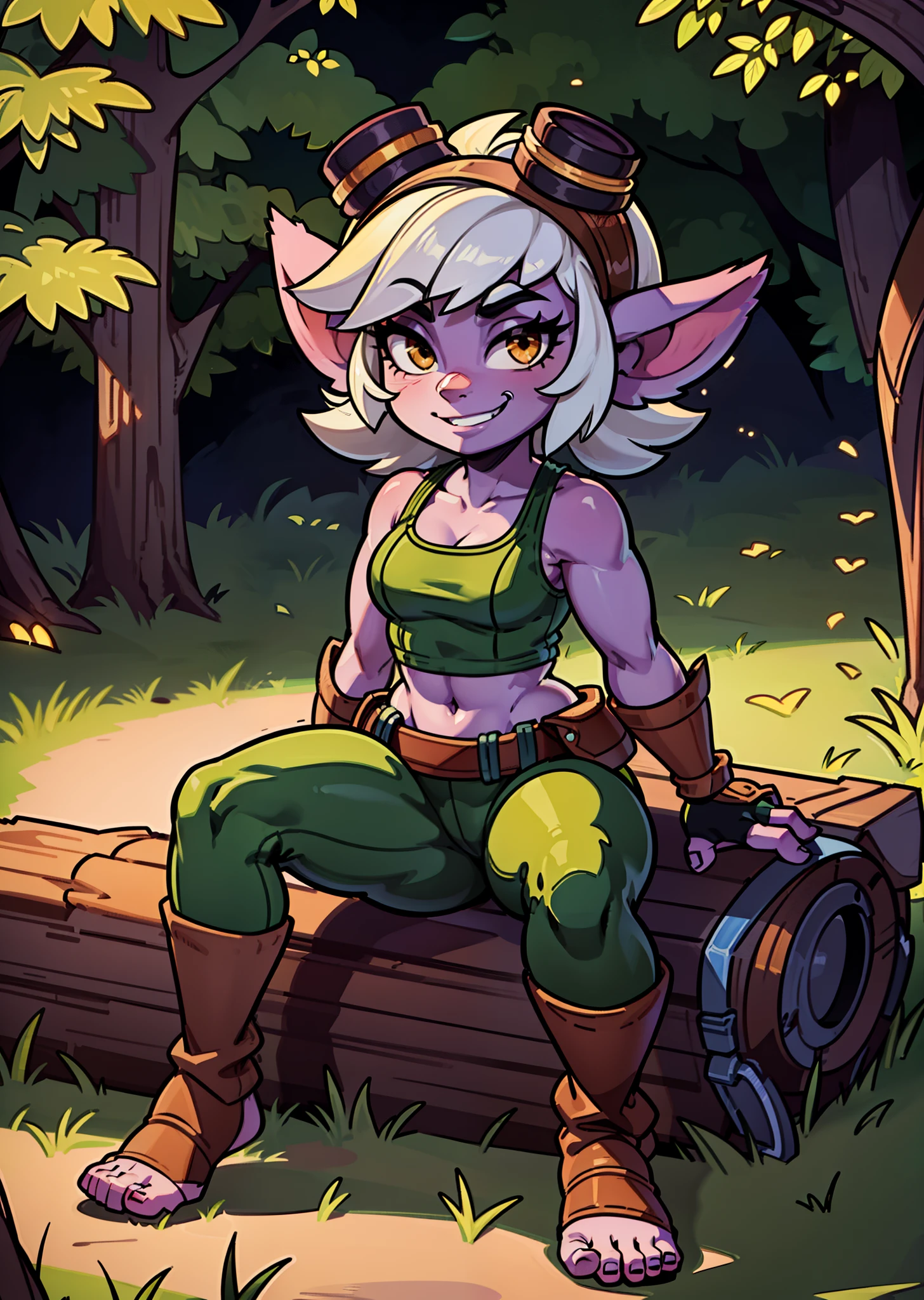 [tristana], [LOL], ((masterpiece)), ((HD)), ((high res)), ((beautiful render art)), ((solo portrait)), ((full body)), ((front view)), ((feet visible)), ((detailed shading)), {(attractive), (short), yordle, (purple skin), (elf ears), (short white hair), (cute brown eyes), (detailed iris), (short eyelashes), (curvy hips), (detailed abs), (thick thighs), (detailed legs), (beautiful legs), (beautiful feet), (smug smirk), (excited expression)}, {(green sleeveless shirt), (navel), (tight green pants), (brown belt), (utility belt), (brown gauntlets), (fingerless gloves), (toeless socks), (goggles on head)}, {(sitting on log), (legs spread open), (looking at viewer)}, [background; (forest), (blue sky), (sun rays), (ambient lighting)]