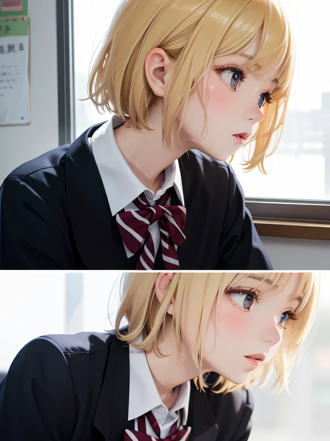 close up of face、profile、blonde、short hair、girl1、uniform、School、