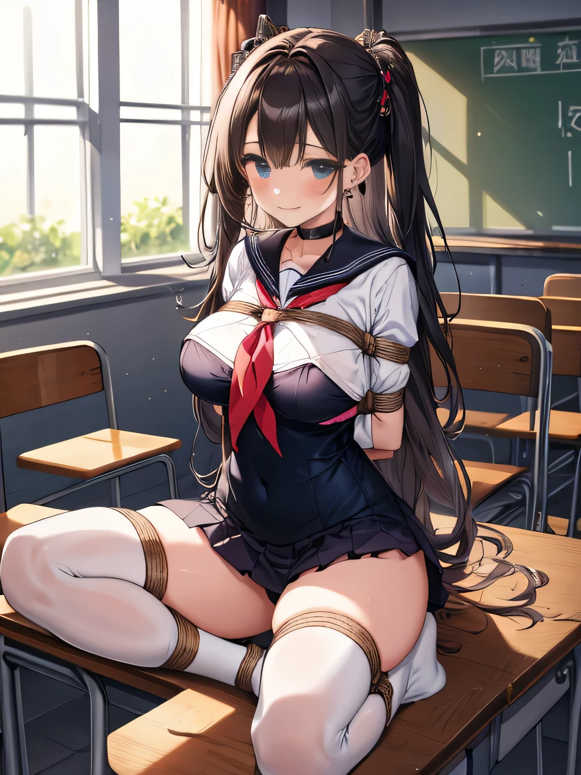 highest quality、High resolution、detailed background、beautiful and detailed face、beautiful and smooth skin、skin texture、professional lighting、Beautiful  girl、(huge breasts:1.3)、((sexy sailor suit))、Pleated mini skirt with tartan plaid pattern、cute hairstyle、white knee high socks、
((tied to a chair in the classroom、tied to a classroom desk、the whole body is restrained、Hands and feet are restrained、))、tied up and legs spread、emphasize the chest、underboobを強調する、No bra、chest is restricted、Arms are tied、tied up with a rope、 underboob、panty shot、stripe々panties、camel toe、
Look at me happily、smile、sexually restrained、on the desk in the classroom