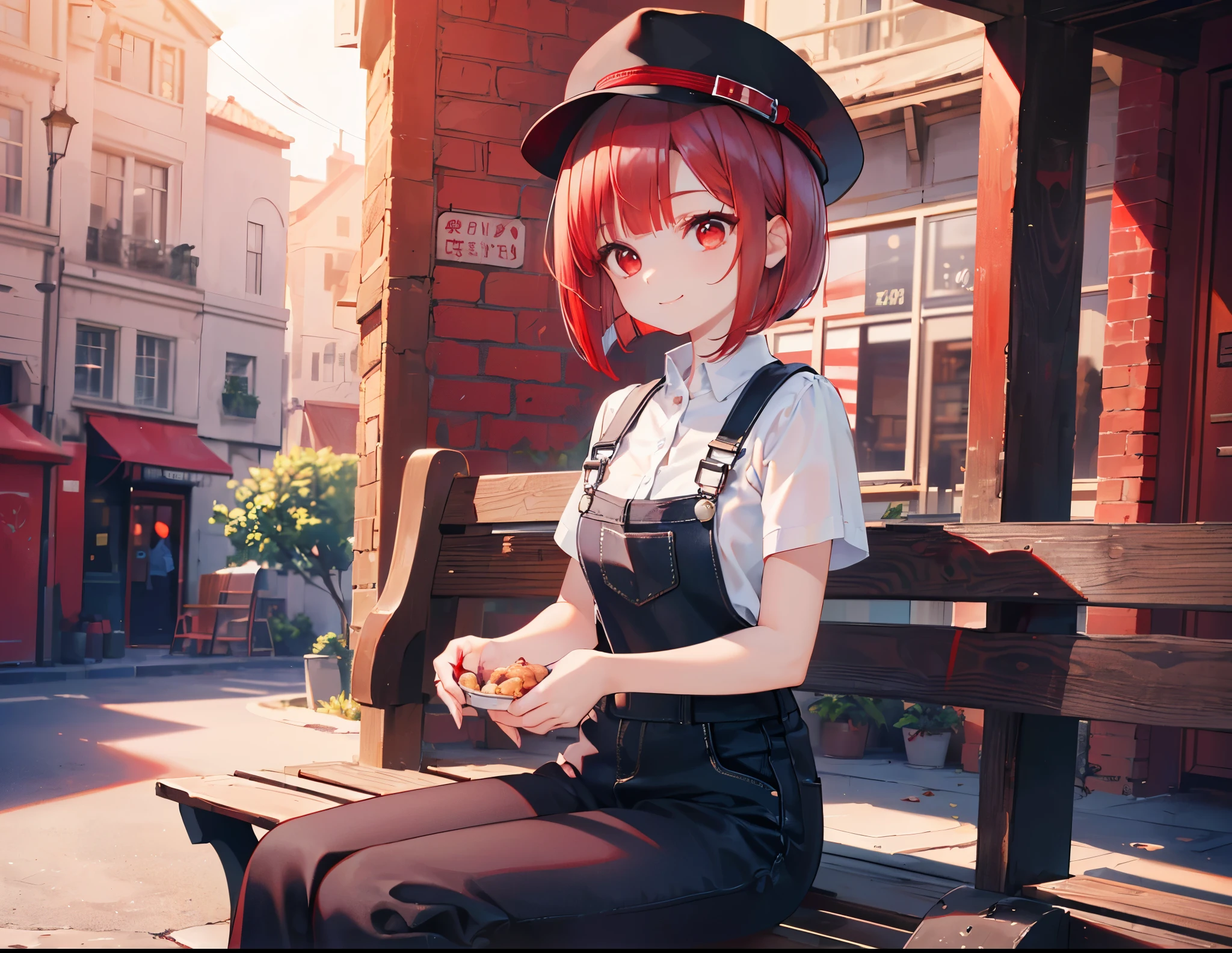 ultra detail, High quality CG drawing, The most delicate and beautiful, Floating gently, High resolution, (1 female), (Highest image quality,4K,8K,masterpiece:1.2),(all red hair:1.5),(short bob:1.5),(red eyes:1.5),braided hair,pitch black overalls,In town,sitting on the bench,black hat,Eat dumplings,smile