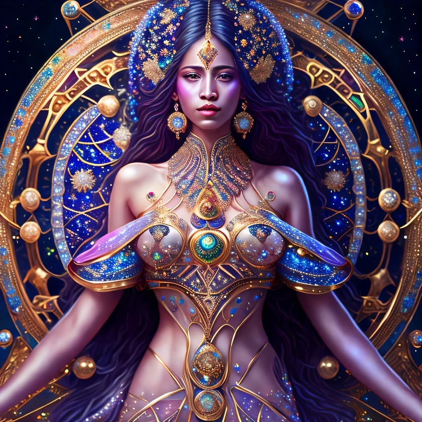 "Hyper-realistic digital painting of a humanoid Goddess Scorpio from the astrology of zoodiacos, Seduction and revenge emanate from her slender form adorned with dress and celestial jewels decorated with intricate astrological symbols