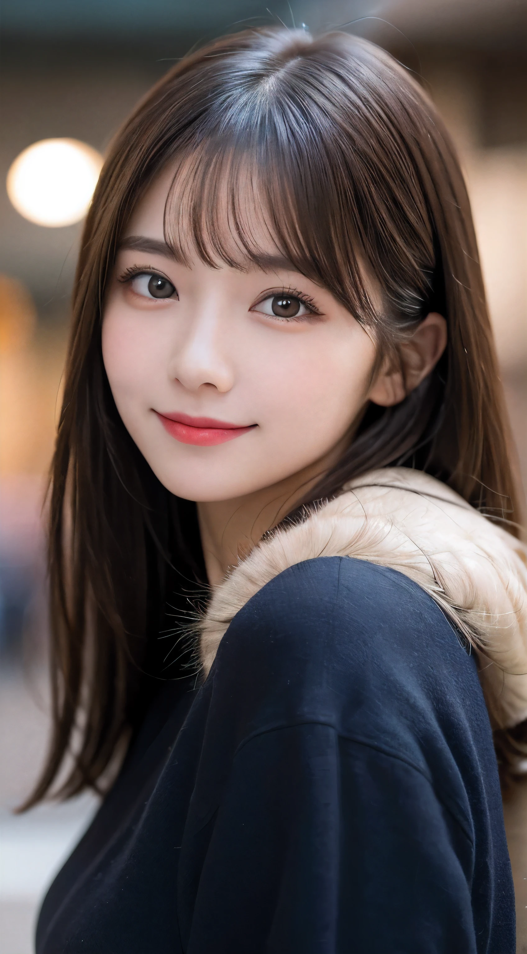 table top, highest quality, shape, Super detailed, finely, High resolution, 8k wallpaper, 完璧なダイナミックな構shape, beautiful and detailed eyes, Gorgeous winter fashion using fur,straight hair,small breasts、natural color lip,20 year old girl、cute、sexy looking at camera,beautiful and detailed face,perfect and beautiful face,KPOP idol face,Japanese idol faces,Elegant face,RAW photo,Big eyes,gal makeup,blur the background、smile、Take a close-up photo of your face