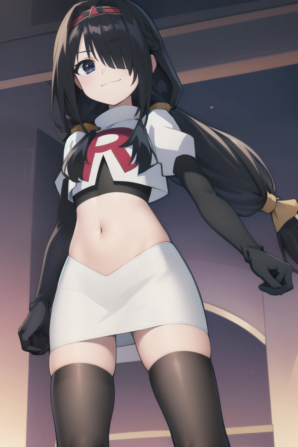 best quality,masterpiece,Super Resolution, 8K , 18 years old ,
kkkrumi2Z, ( kkkrumi2Z\(low-tied long hair\):1.3) ,low twintails ,kkkrumi2Z\(hair over one eye\), kkkrumi\(Hair Accessories\) , Evil smile, team rocket,team rocket uniform, red letter R, white skirt,white crop top,black thigh-highs,black elbow gloves