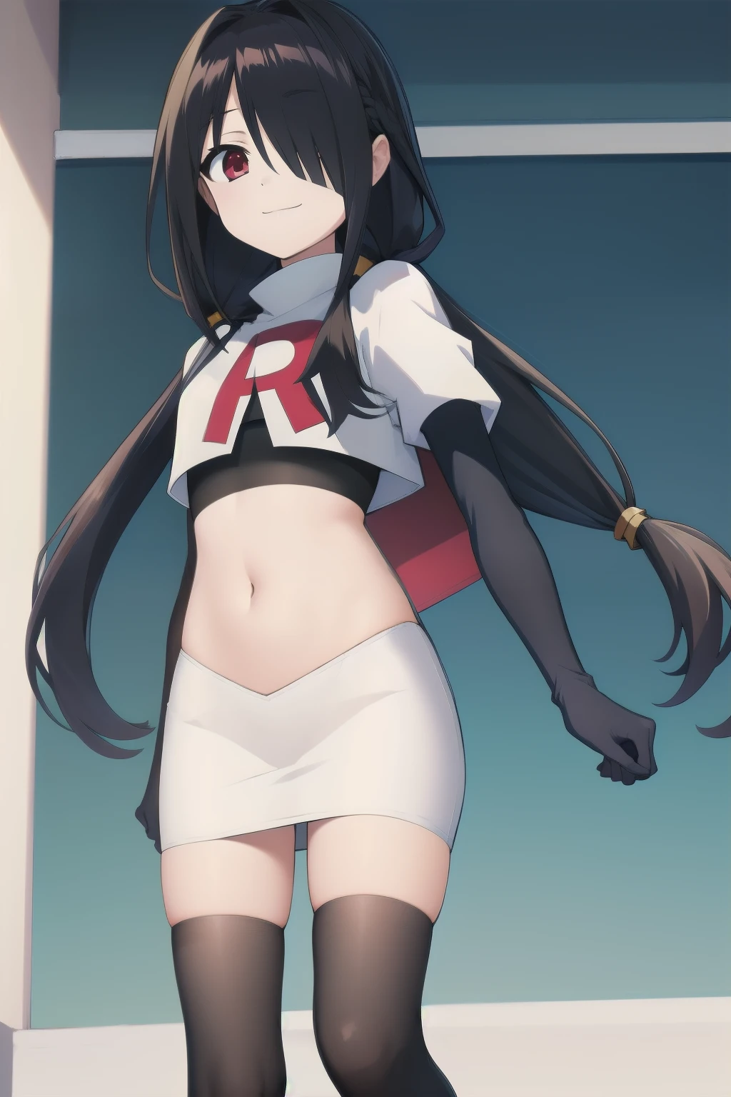 best quality,masterpiece,Super Resolution, 8K , 18 years old ,
kkkrumi2Z, ( kkkrumi2Z\(low-tied long hair\):1.3) ,low twintails ,kkkrumi2Z\(hair over one eye\), kkkrumi\(Hair Accessories\) , Evil smile, team rocket,team rocket uniform, red letter R, white skirt,white crop top,black thigh-highs,black elbow gloves