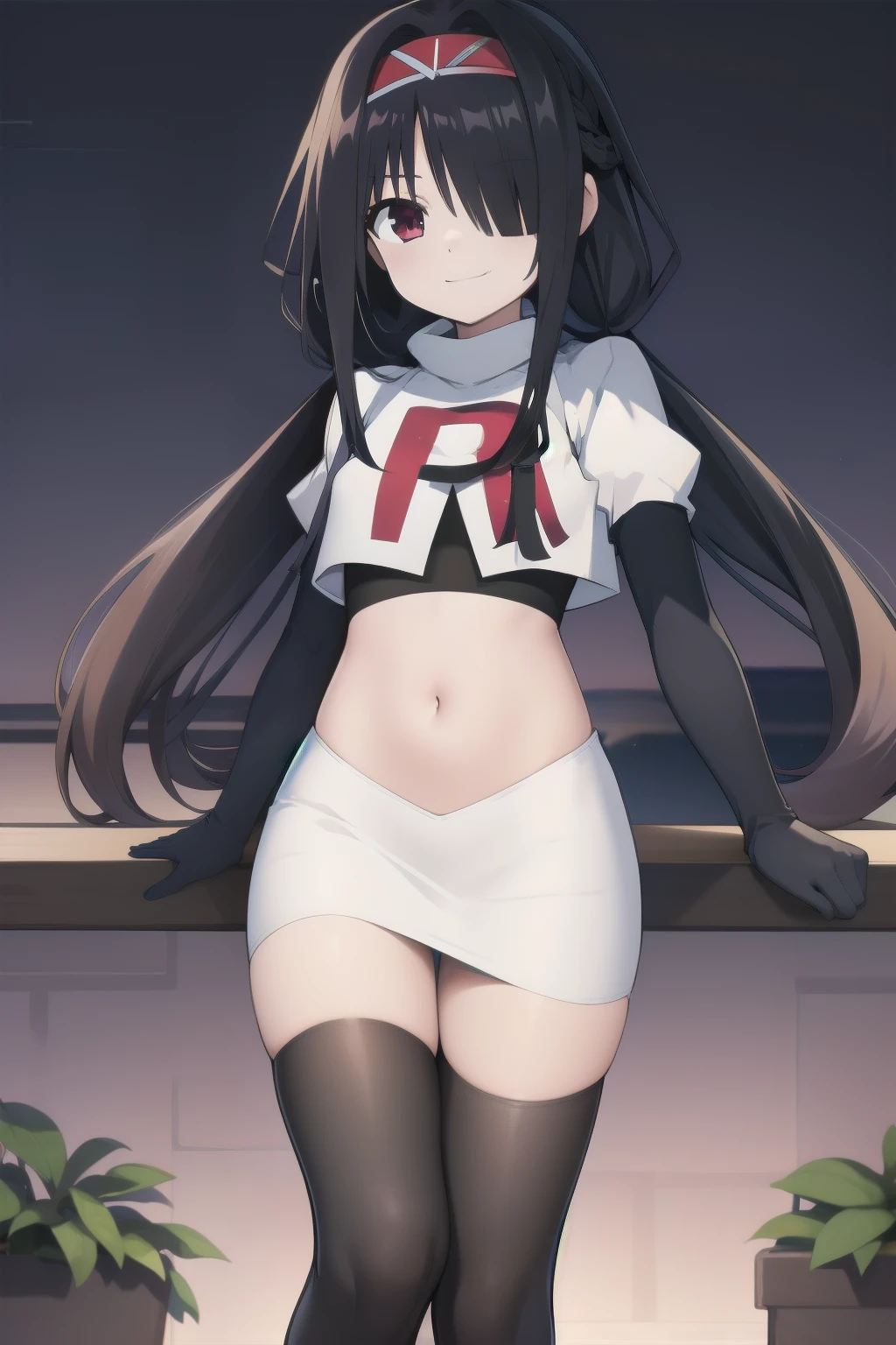 best quality,masterpiece,Super Resolution, 8K  ,  18 years old ,
kkkrumi2Z, ( kkkrumi2Z\(low-tied long hair\):1.3)  ,low twintails ,kkkrumi2Z\(hair over one eye\), kkkrumi\(Hair Accessories\) ,  Evil smile,  team rocket,team rocket uniform, red letter R, white skirt,white crop top,black thigh-highs,black elbow gloves