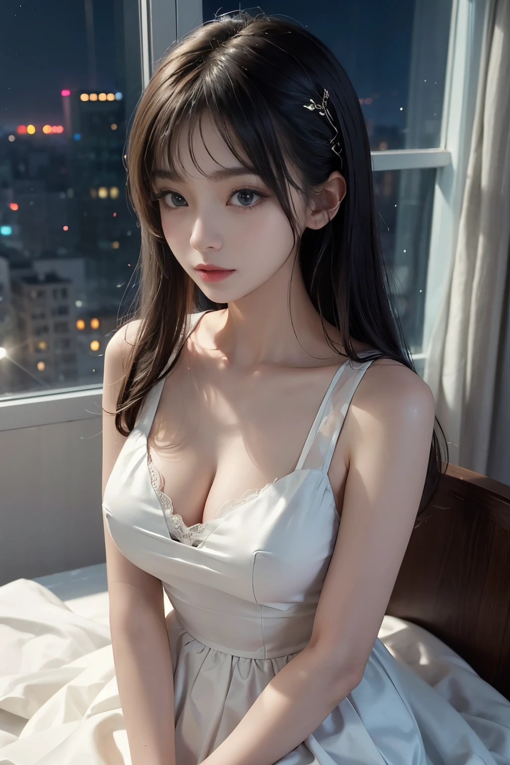 beautiful korean girl looks like 4D painting, 25 yo(1 girl,) (view), straight parting hair, hair bang, hair pin, sleeveless deep-v laced simple dress, in room, night (window night background), vibrant colours, studio light, ultra detailed, gentle light, 3D animation