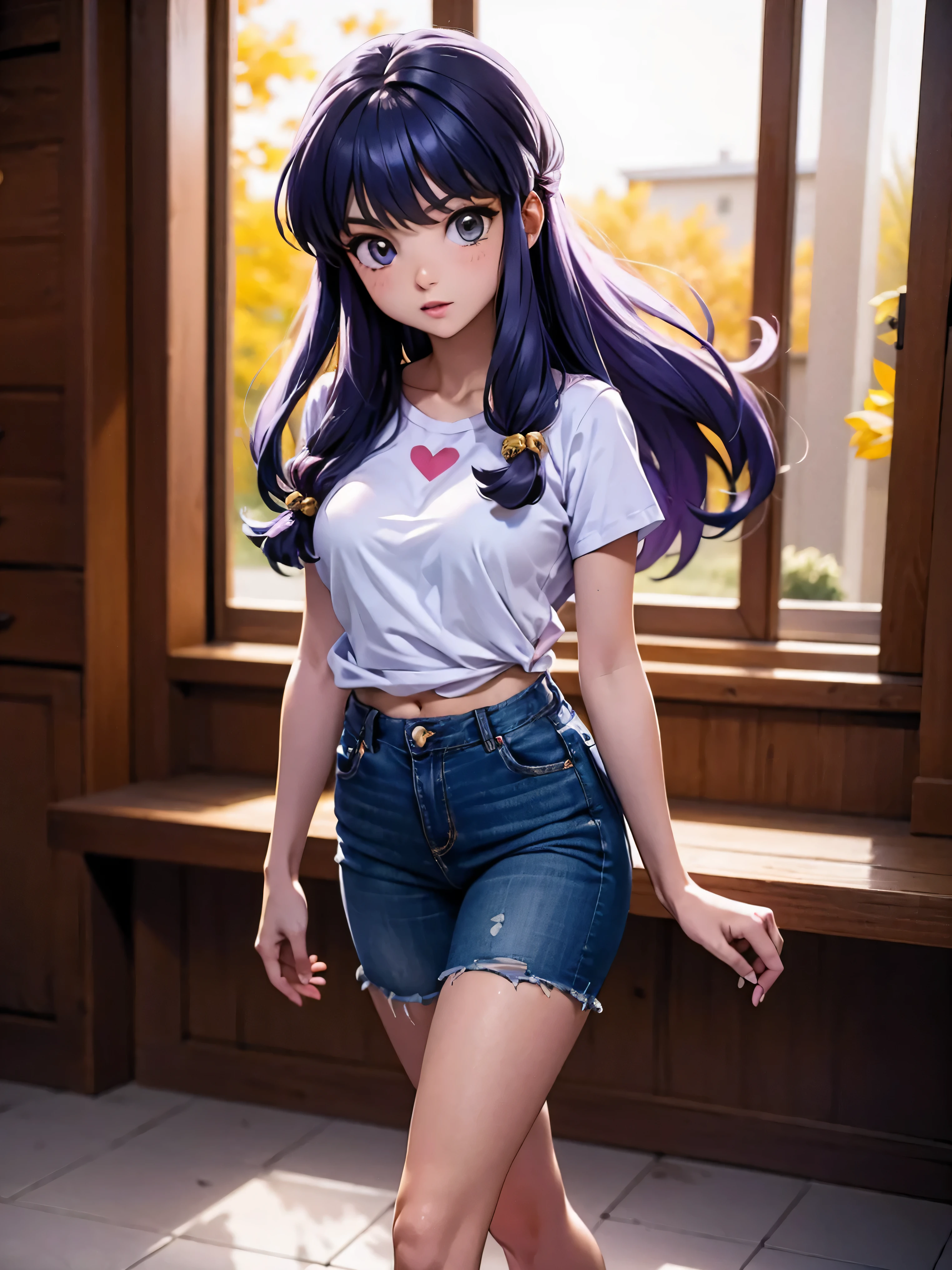 Anime cabelo purple com short jeans e blusa rosa brilhante, *******, corpo bonito, seios grandes, com as hands on chest, hands on chest, Garota sexy, purple cabelo, mechas de cabelo laterais, mechas de cabelo na lateral do rosto, beautiful lighting, sombras suaves, olhos azuis, pernas bonitas, cabelo longo purple, estilo anime, personagem Shampoo Chan, Autora Rumiko Takahashi, Baseado em obra de Rumiko Takahashi, Anime Ranma 1/ 2, decote sexy, quadril robusto, corpo inteiro, corpo inteiro, busto grande, garota jovem com corpo belo e bonito, sandals on his feet, garota ******* jovem baixa estatura, usando short jeans e blusa rosa brilhante, garota anime, estilo anime, beautiful feet in sandals, 45° viewing angle, ao ar livre, peito grande, seios bonitos, cabelo purple, sandals on the feet, pernas bonitas